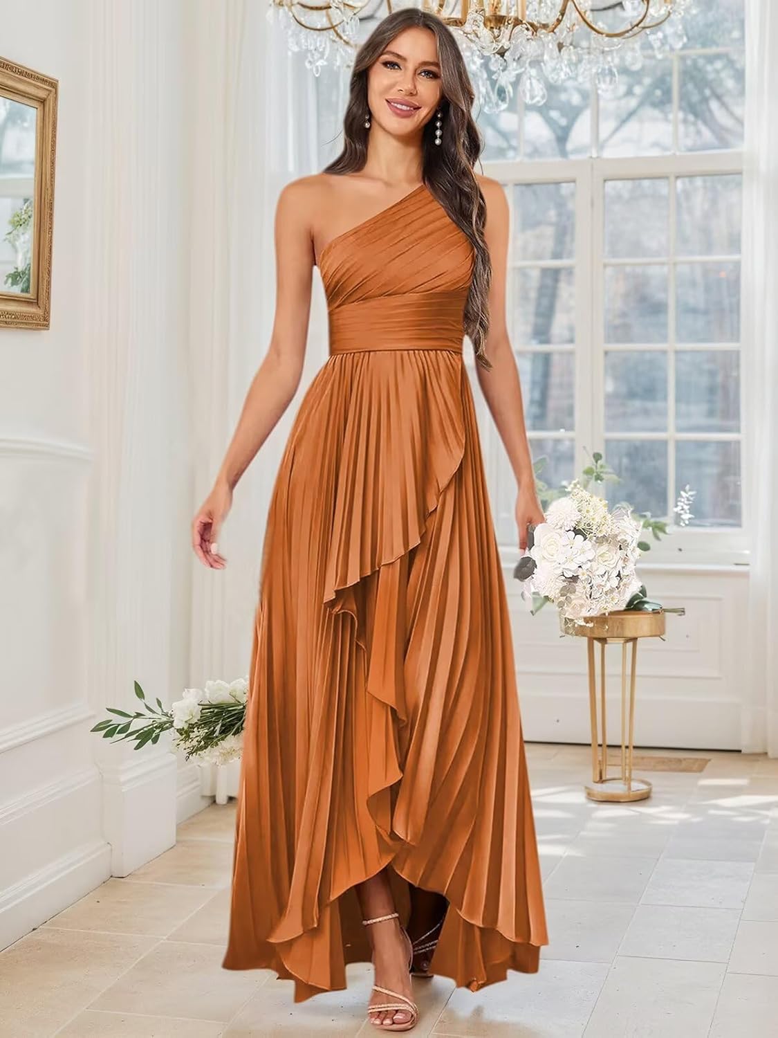 Women's One Shoulder Satin Bridesmaid Dresses Long for Wedding Pleated Corset Formal Wedding Guest Dress Fall - Image 2