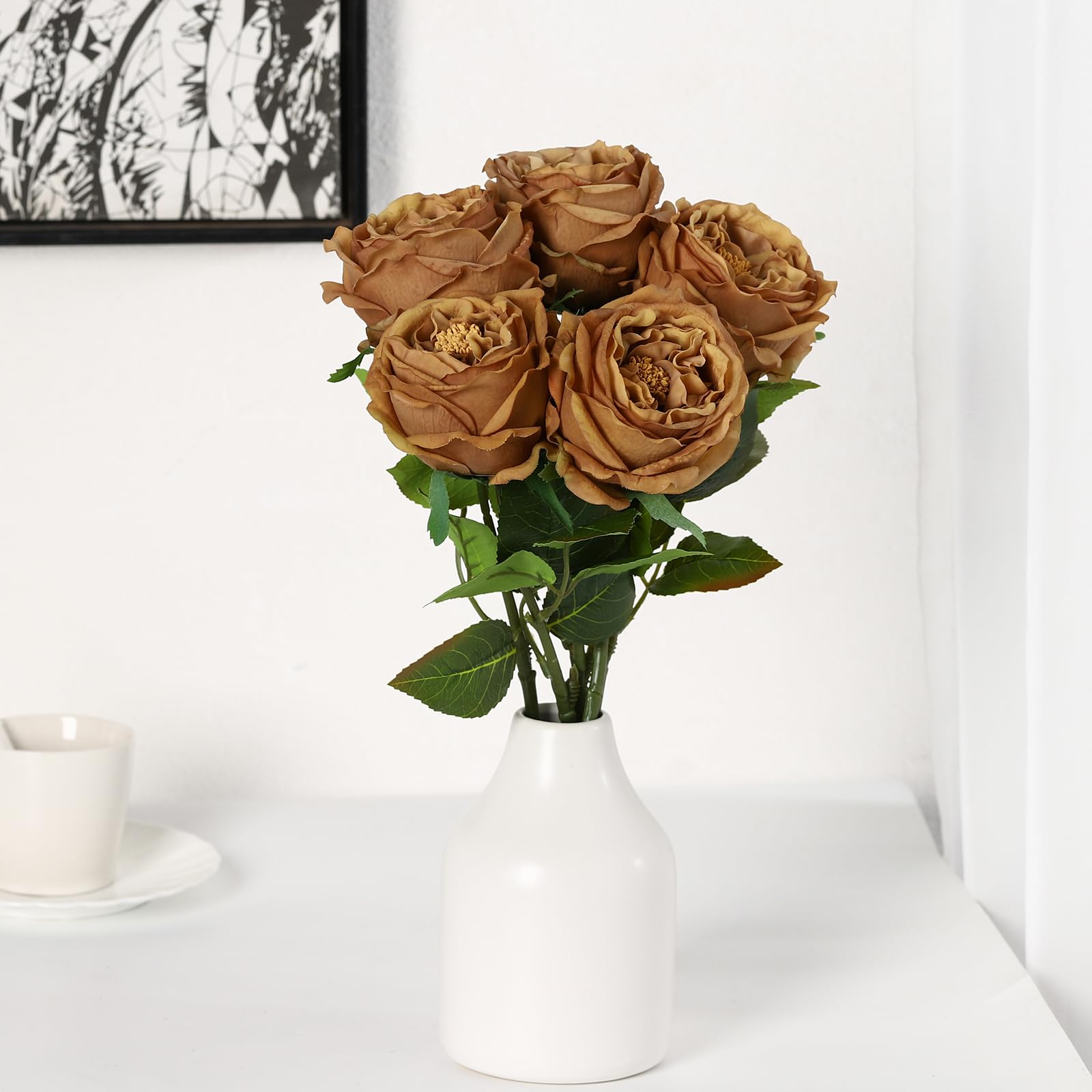 DuHouse 5Pcs Real Touch Silk Roses Fake Coffee Roses with Stems Artificial Flowers for Arrangement Wedding Party Home Decoration - Image 4