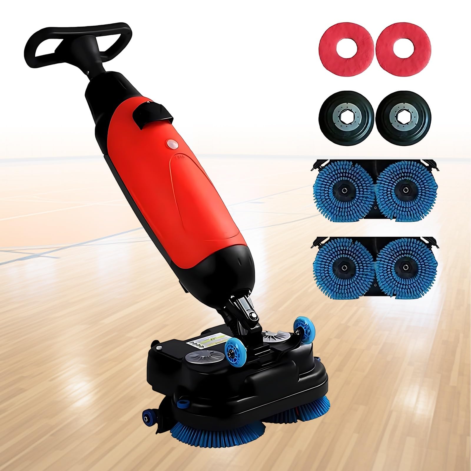 Compact Walk-Behind Floor Scrubber Machine, 18" Cordless Commercial Scrubber with 360° Rotating Body, Quiet Dual-Brush Battery Powered Mop for Retail Shop, Workspace and Hospital Floor(Red)