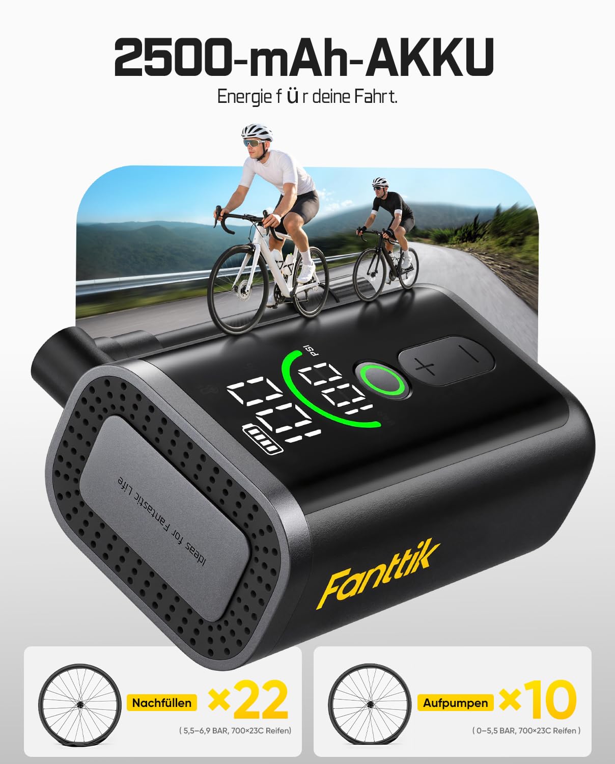 Fanttik X11 Ace Mini Fahrradpumpe, 10,3 Bar Tragbar Akku Fahrradpumpe