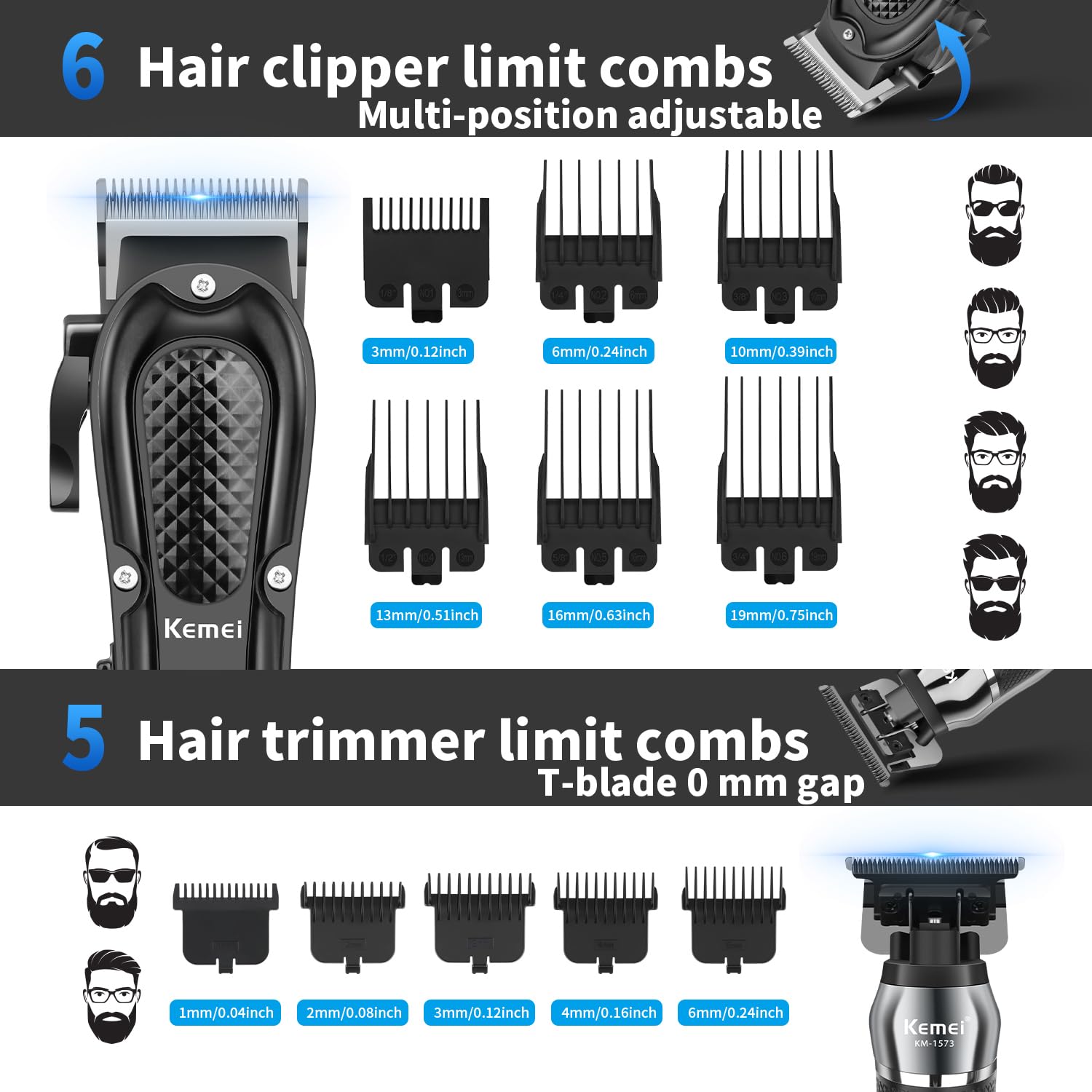 KEMEI Professional Hair Clippers for Men, Cordless Barber Clipper Beard Trimmer Foil Shaver Nose Eyebrow Ear Trimmer Set, USB Charging Complete Electric Hair Cutting Grooming Kit with 11 Guide Combs - Image 2