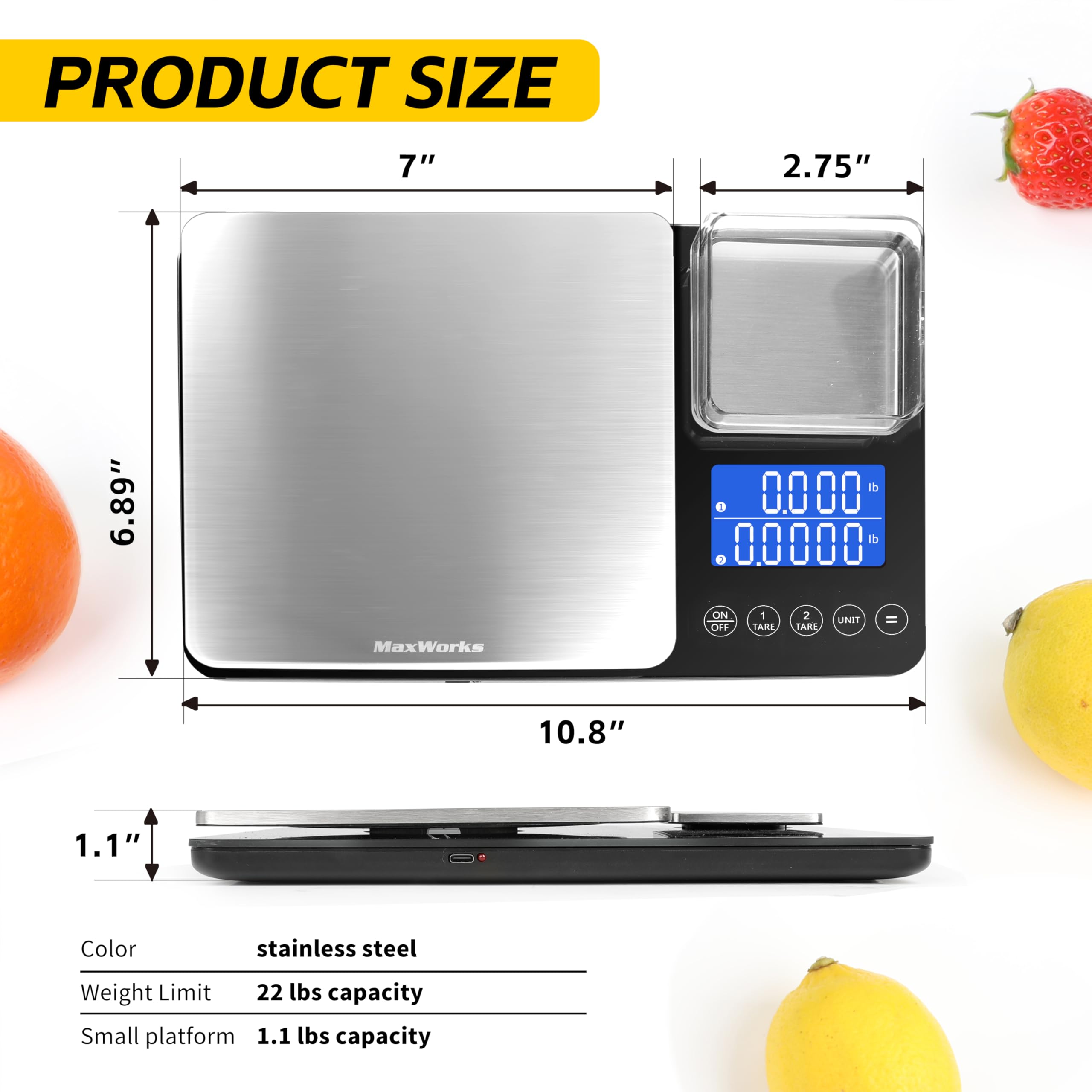 MaxWorks Bilancia da cucina digitale a doppia piattaforma, capacità 10 kg, 28 x 17,8 x 3 cm, unità g kg, lb oz ml, unità di conversione in acciaio inox con vetro temperato + HIPS