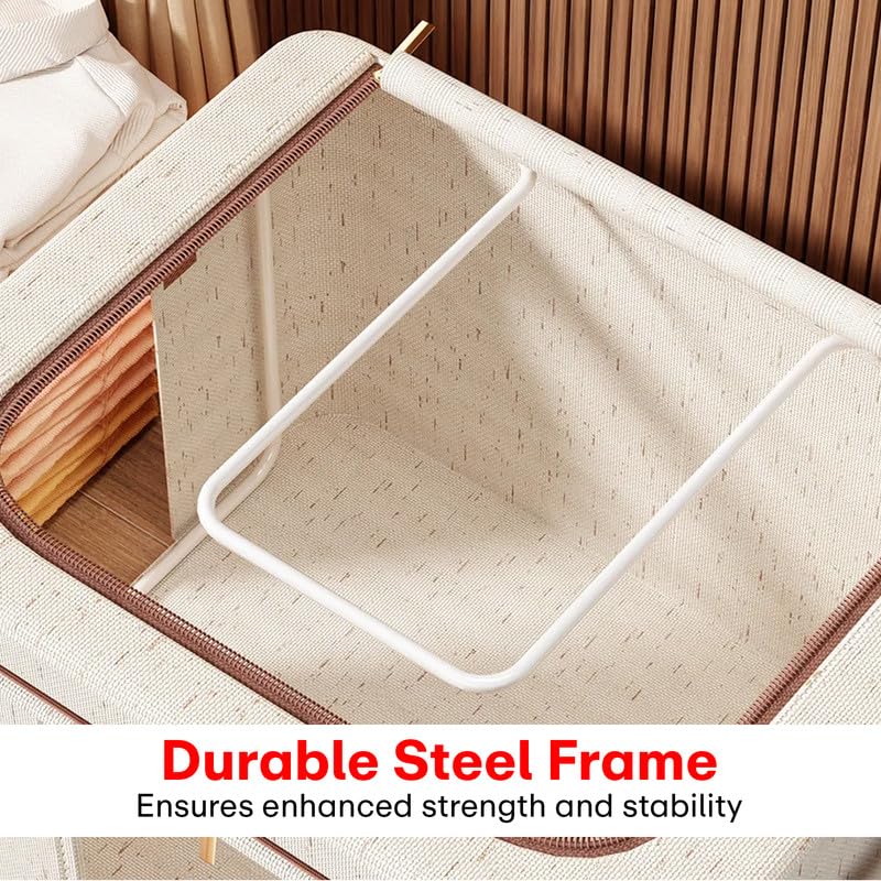 Image of PRIME PICK Storage Box & Cloth Organiser clothes organizer cotton linen Wardrobe Organizer for Storage Foldable Washable Box with Lid Metal Frame & Handles Ideal for Almirah Drawer