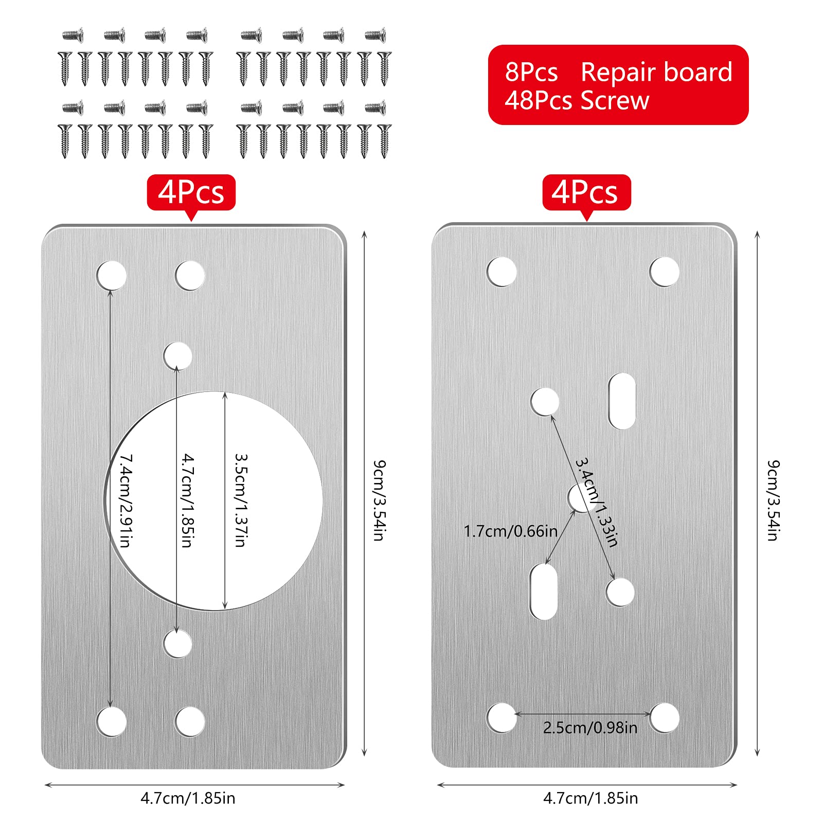 Placa de Reparación de Bisagras 8 Piezas Placas de Soportes de Reparación con 48 Tornillos Fijación Kit de Reparación De Bisagras para Madera Muebles Estantes Gabinete Armario 90 * 50mm
