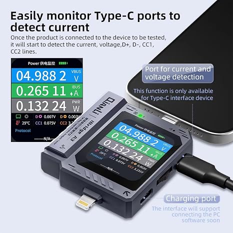 Mobile Phone Tail Plug Detector Tail Plug Comprehensive Analysis Tester Current Voltage Detection High Precision Digital Display Tester Support Lightning Type-C for iPhone Android Phone