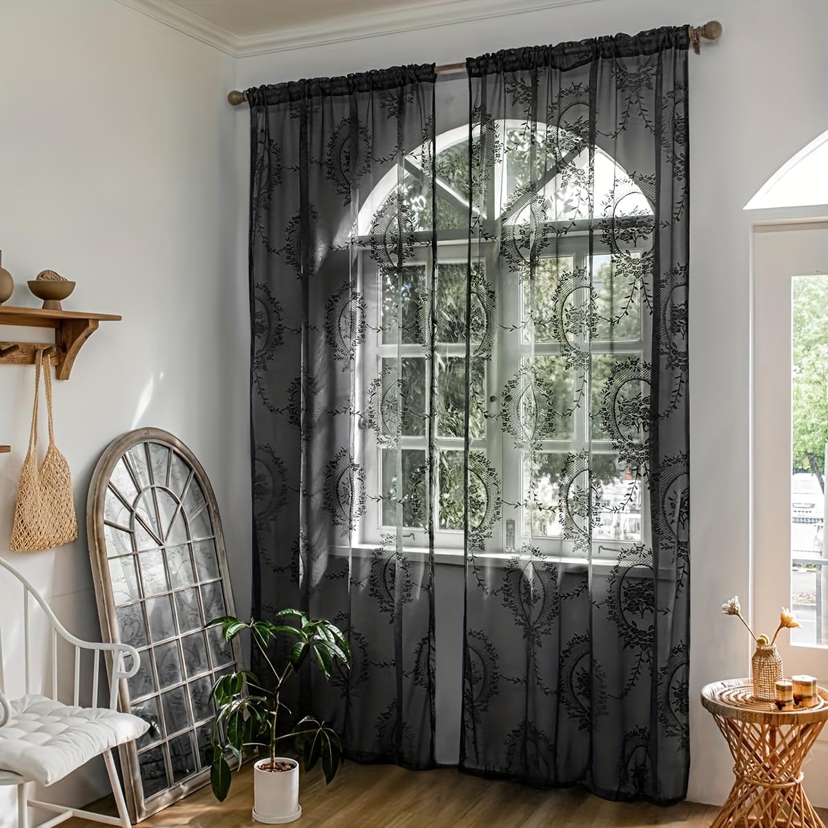 Gxi Black Lace Sheer Curtain for Living Room Vintage Floral French Curtain Rod Pocket Voile Panels Light Filtering Window Treatment Set of 2 Panels for Girls Bedroom, Each 78 x 102 inches Length