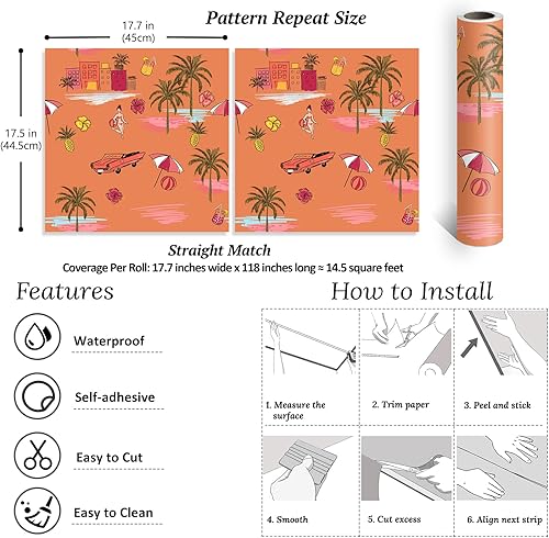 Miniatura 10 de VEELIKE Papel tapiz dibujado a mano, diseño de isla y playa, despegar y pegar, color naranja, paisaje, palmeras, papel tapiz autoadhesivo de 17.7 x