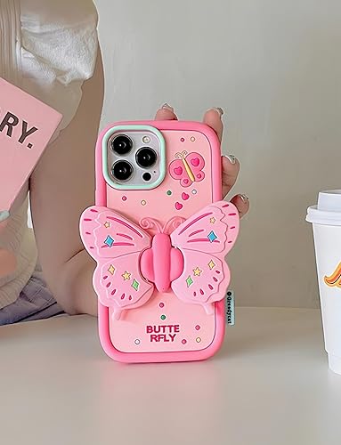 Miniatura 5 de Funda de teléfono de mariposa rosa compatible con iPhone 13, bonita funda de mariposa de dopamina de Corea 3D con alas de mariposa, soporte
