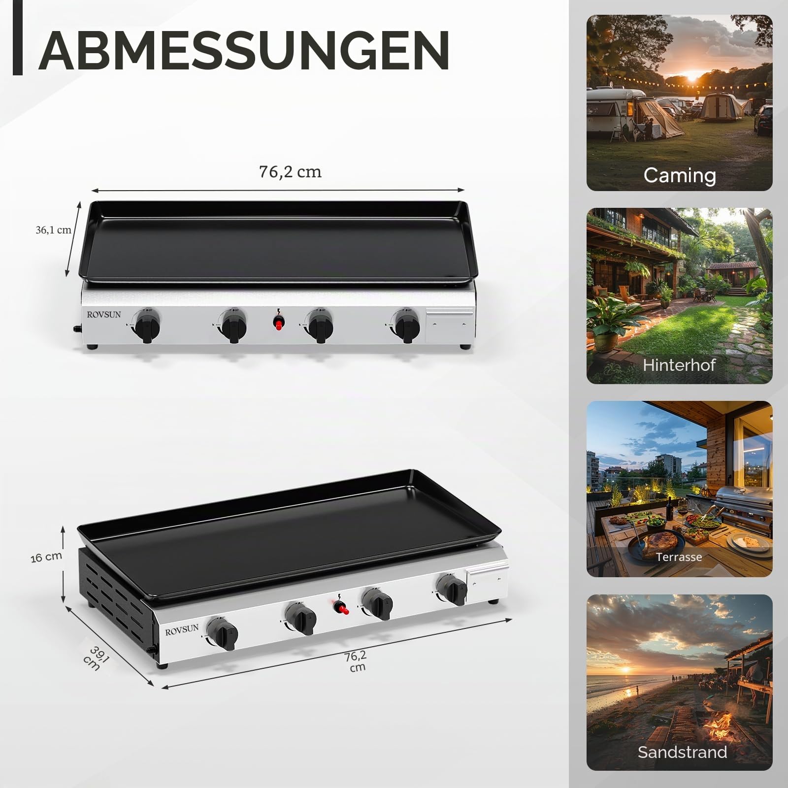 ROVSUN Gasgrill Camping Gas Grill Camping Tischgrill aus Edelstahl, mit 4 Brennern, 9,6 kW, Emaillierter Antihaft-Grillplatte & Ein-Klick-Zündung für Camping, Garten & Strand, 76x39x16 cm