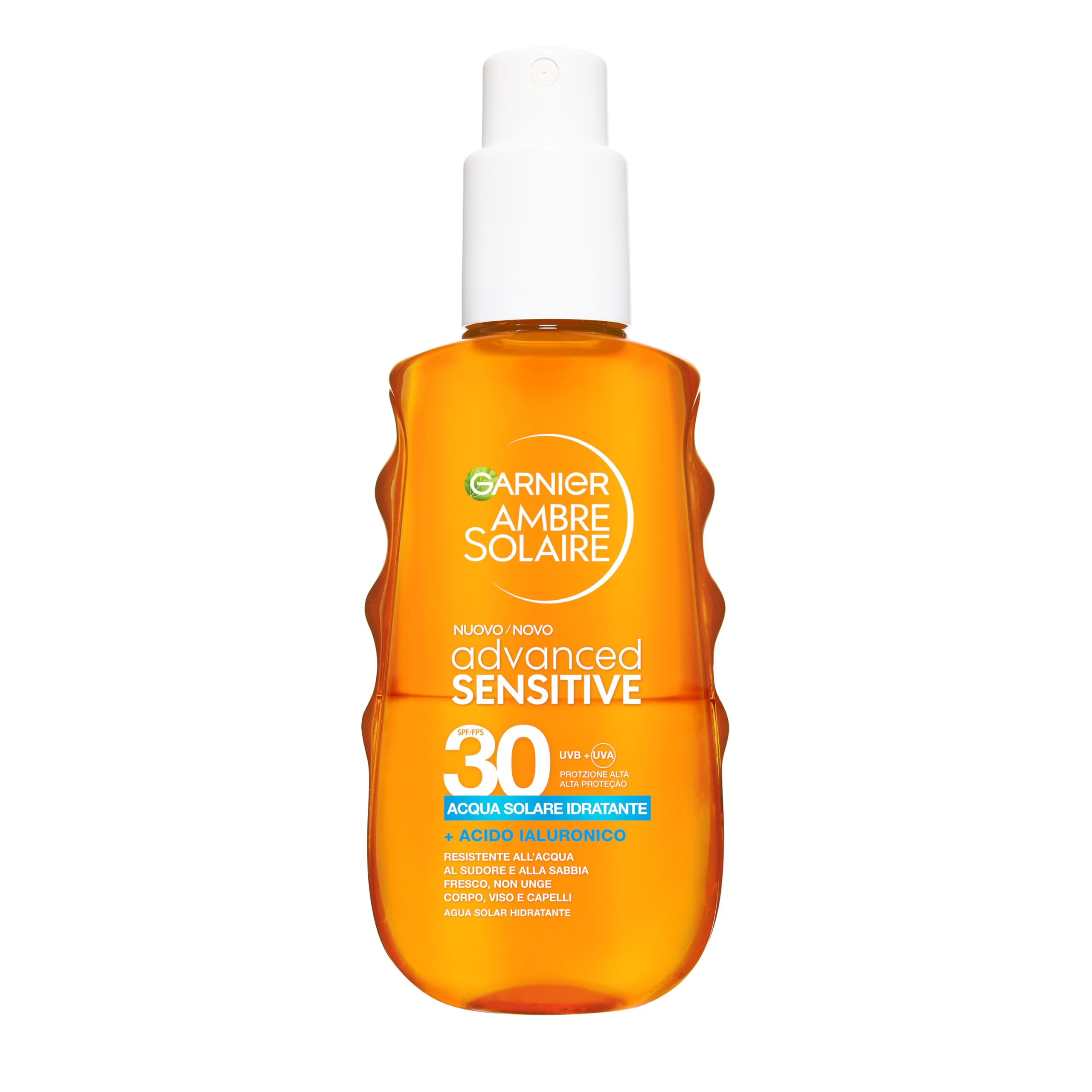 Garnier Acqua Solare Idratante SPF 30, Per Tutti i Tipi di Pelle, Idratazione e Protezione dagli UV, Resistente ad Acqua, Sudore e Sabbia, Finish Invisibile, Ambre Solaire Advanced Sensitive, 150 ml