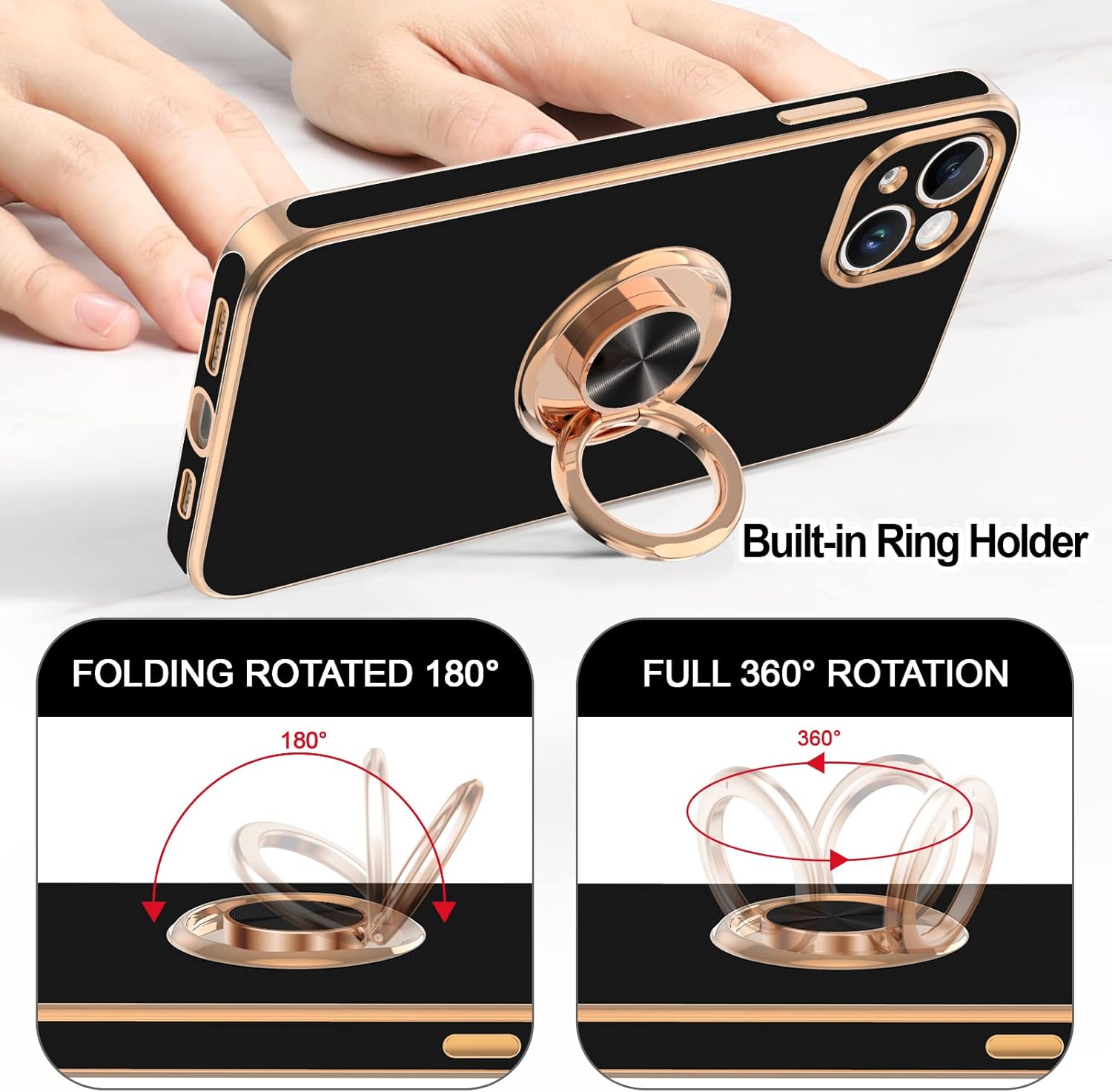 Hython for iPhone 14 Plus Case with Ring Stand [360° Rotatable Ring Holder Magnetic Kickstand] [Support Car Mount] Plated Gold Edge Soft TPU Luxury Shockproof Protective Phone Case Cover, Black - Image 4