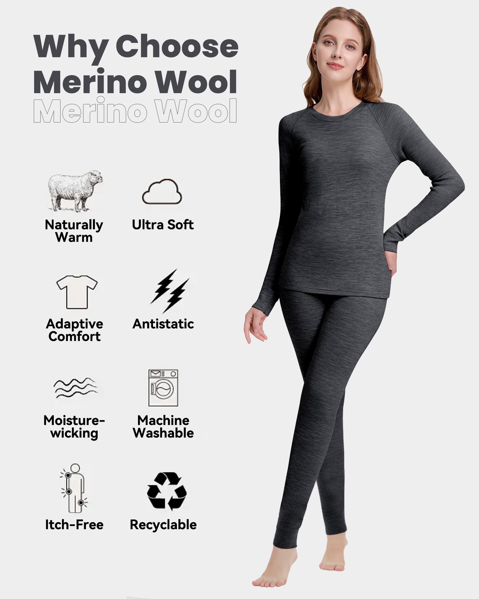 100% Merino Unterwäsche-Set Damen Merinowolle | Damen Lange Unterhose, Winter Thermounterwäsche, Ski & Snowboard, kalte Outdoor Aktivitäten