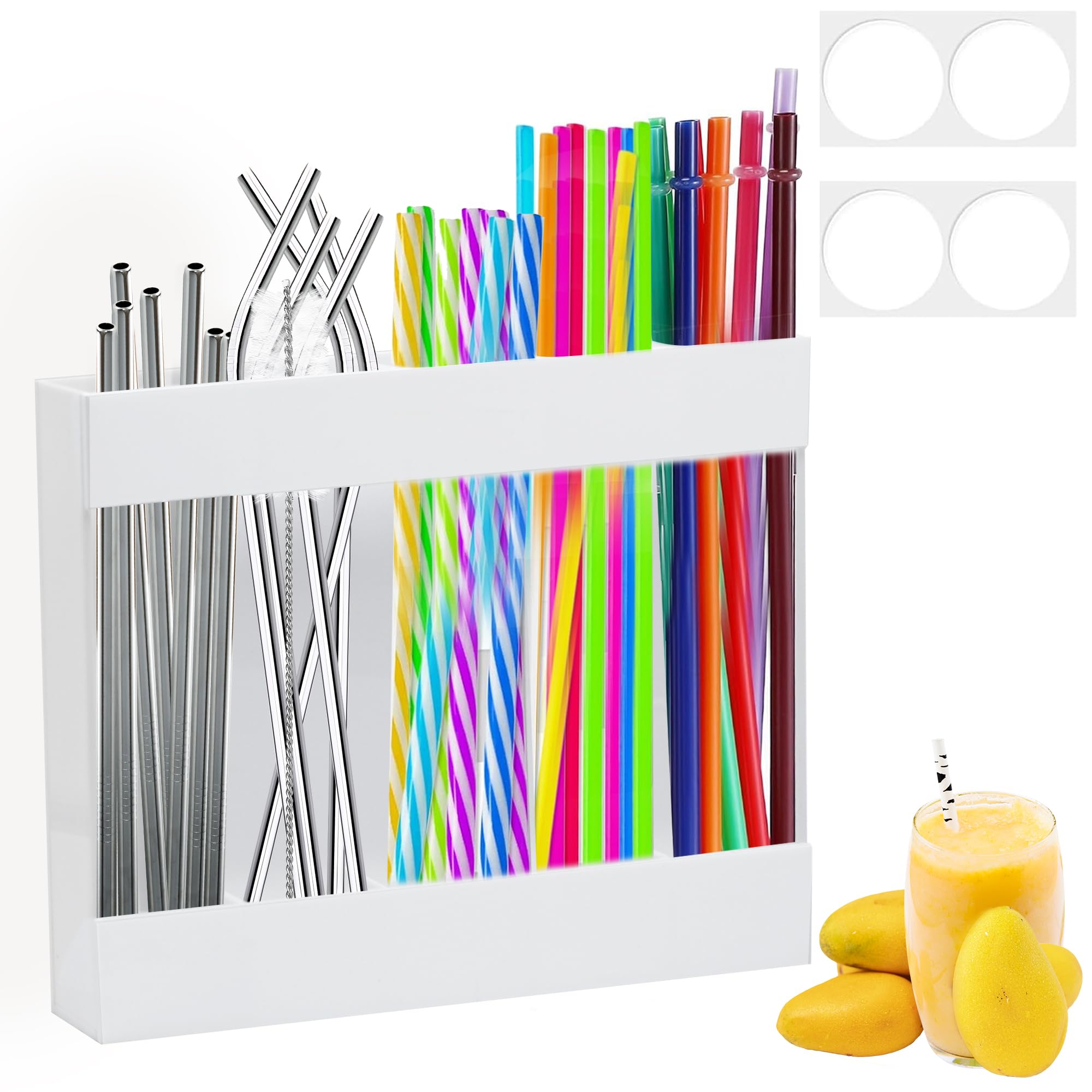 Grande supporto per cannuccia in acrilico per porta dell'armadio, 24,1 cm, riutilizzabile, organizer per cannucce con nastri adesivi, contenitore da cucina per banconi, armadietti, cucina, bianco