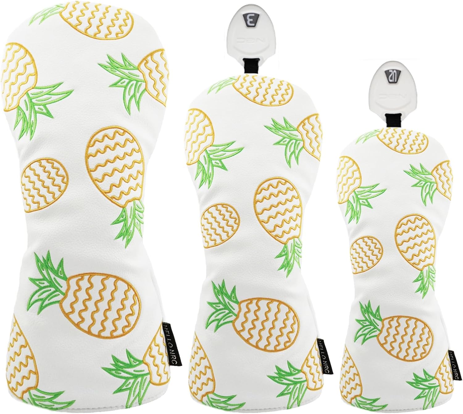 Pineapple Golf Headcovers Set of 3 Driver Fairway Hybrid Covers,Synthetic Leather Rotatable Headcovers for Woods and Driver,3pcs Unisex White or Yellow Golf Club Head Covers