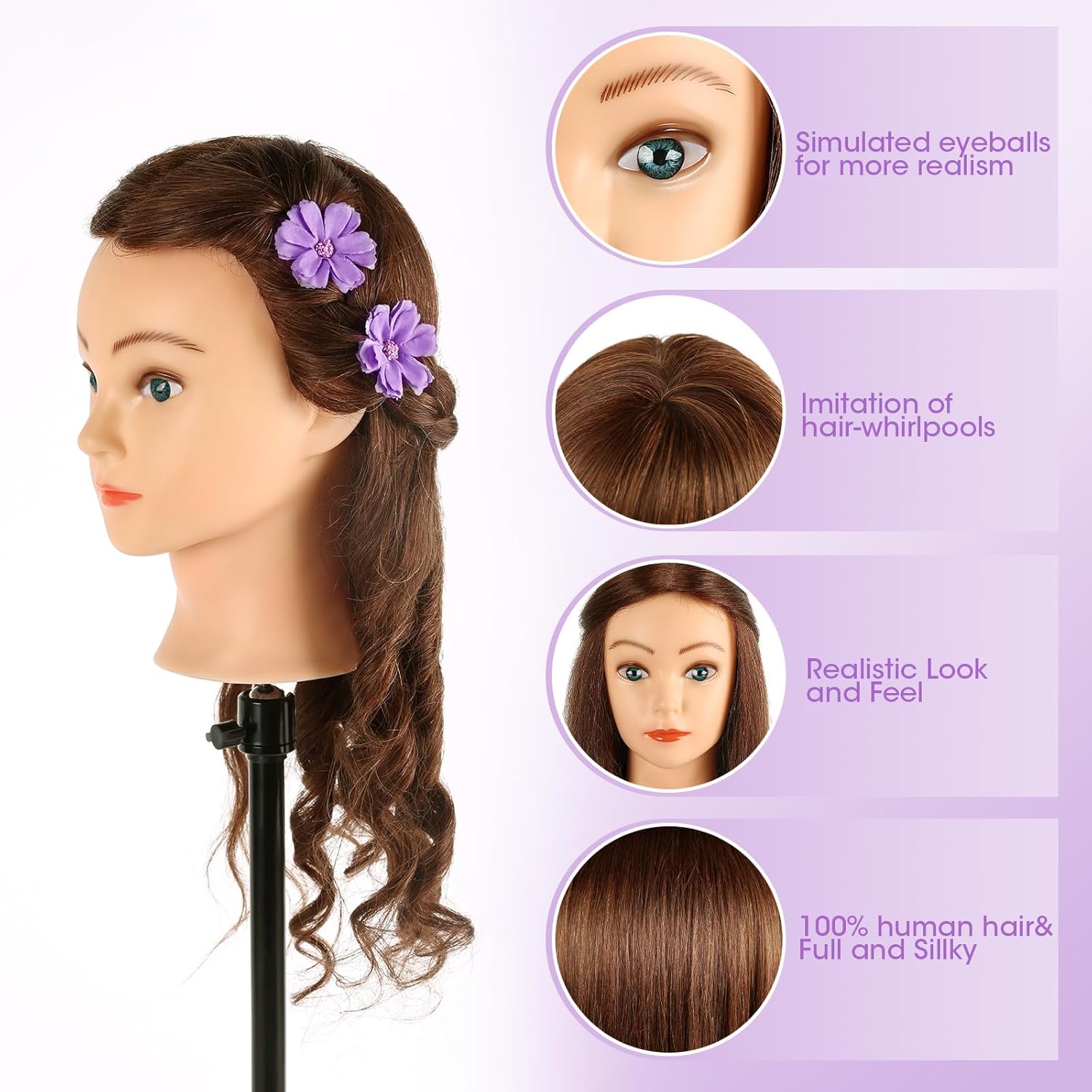 Mannequin Head with 100% Human Hair,22'' Real Hair Cosmetology Mannequin Manikin Head Hair Styling Hairdressing Practice Training Doll Head with Clamp Holder and Tools (Dark Brown Blue Eyes)