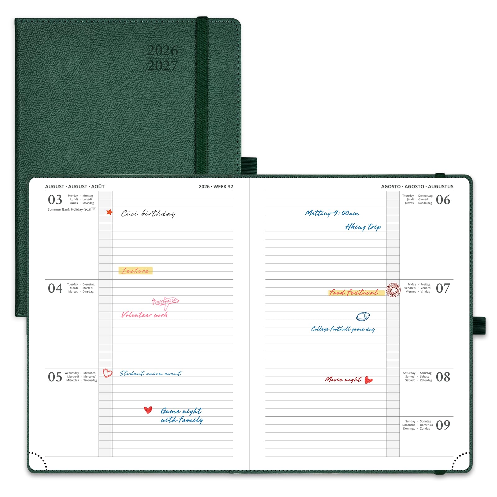 POPRUN A5 Academic Diary 2026-2027 Hardback Week to View (22x16.5 cm) 26/27 Horizontal Weekly Planner 17 Months (Aug'26 - Dec'27) Mid Year(Foest Green) — image 1