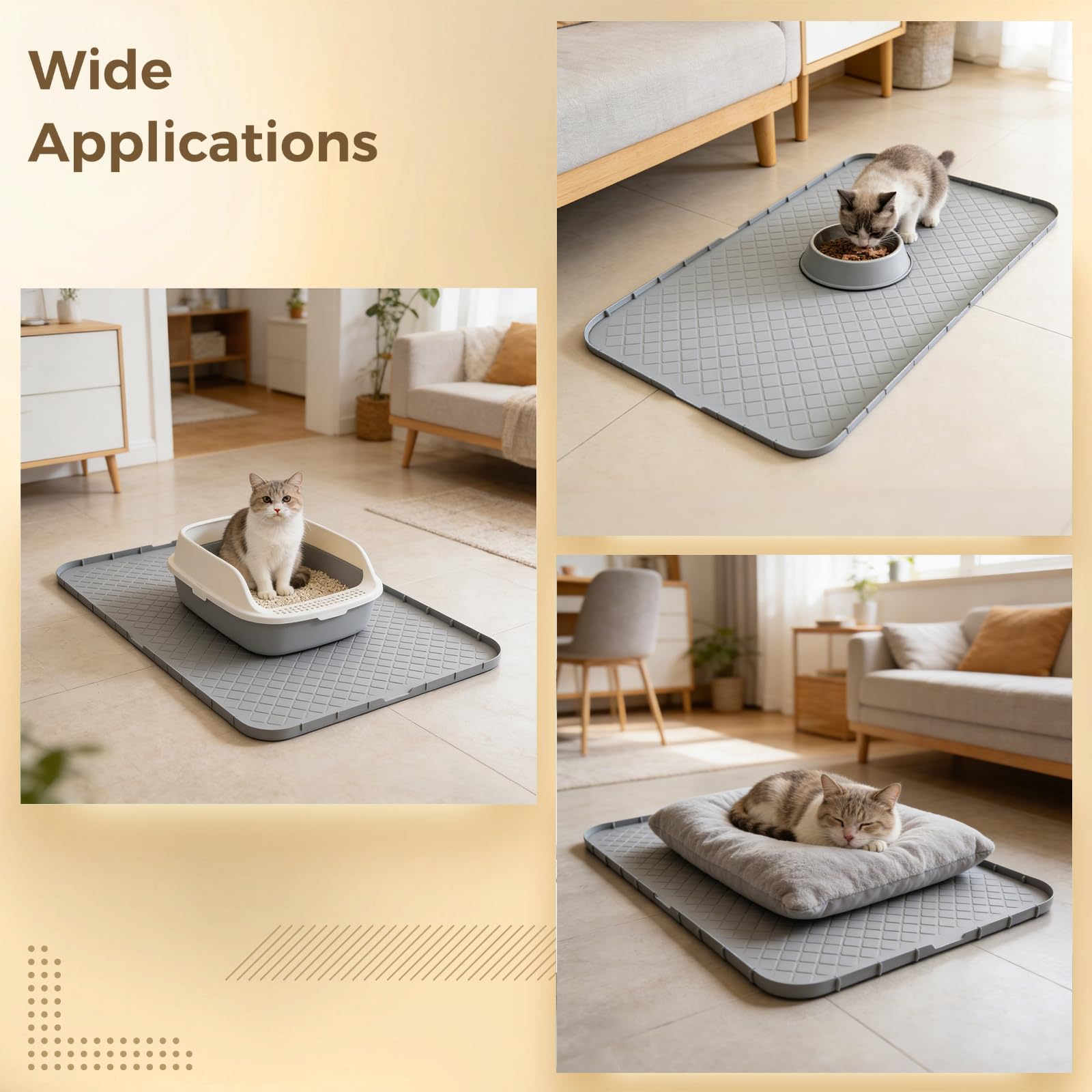 Silikon-Füttermatte, 86,4 x 55,9 cm, extra große Katzenstreu-Matte für Futter- und Wassernäpfe, wasserdicht, grau, leicht zu reinigen, geruchsfrei