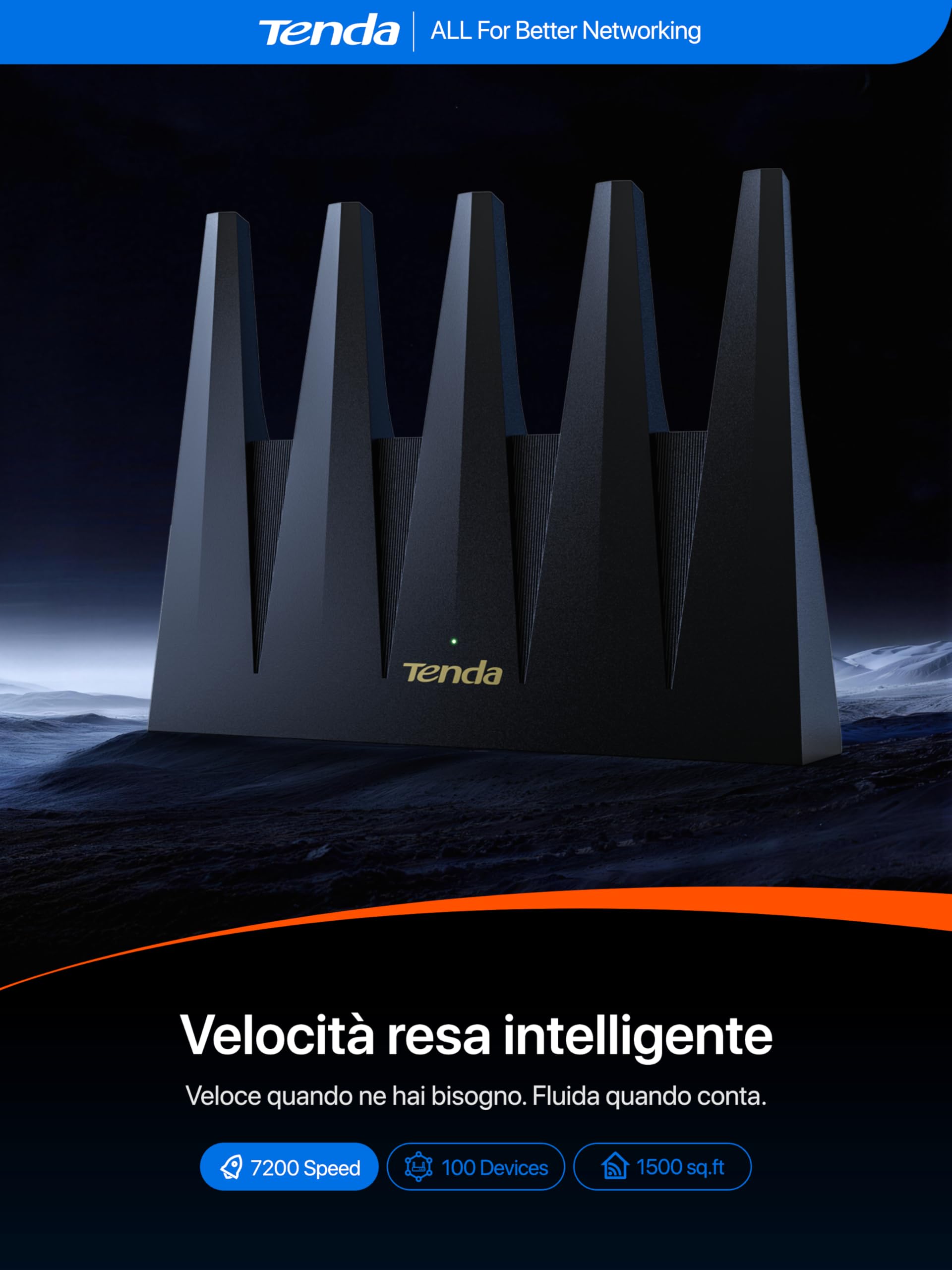 Tenda Wi-Fi 7 Router BE12 Pro - Router Dual Band BE7200 (5 GHz: 5765 Mbps, 2.4 GHz: 1376 Mbps), 2 x porte 2.5G, 3x porte Gigabit, CPU Quad Core, 4K-QAM, MLO, VPN, Supporto OpenWRT
