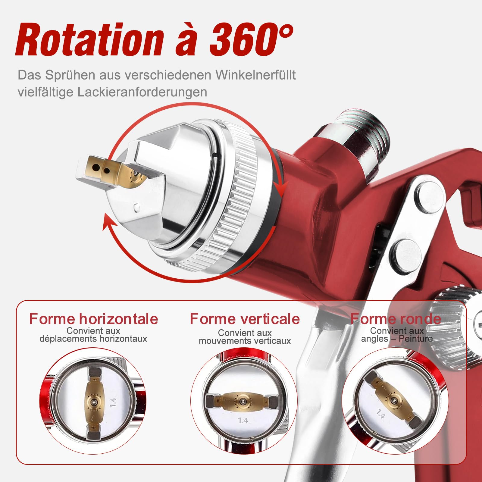 HVLP Professionnel Pistolet à Peinture 4 Buses 1,4 mm 1,7 mm 2,0 mm 2,5 mm | HVLP Pulvérisateurs de Peinture Alimentation par Gravité, haute efficacité 600cc Pistolet Peinture Air Comprimé