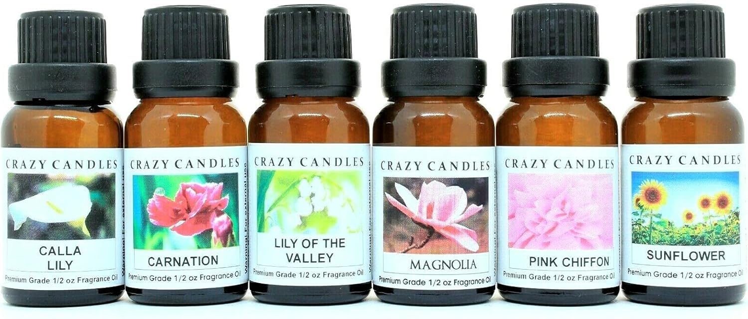 Crazy Candles 6 Bottles Set, 1 Calla Lily, 1 Carnation, 1 Lily of The Valley, 1 Magnolia, 1 Pink Chiffon, 1 Sunflower 1/2 Fl Oz Each (15ml) Premium Fragrance Oils