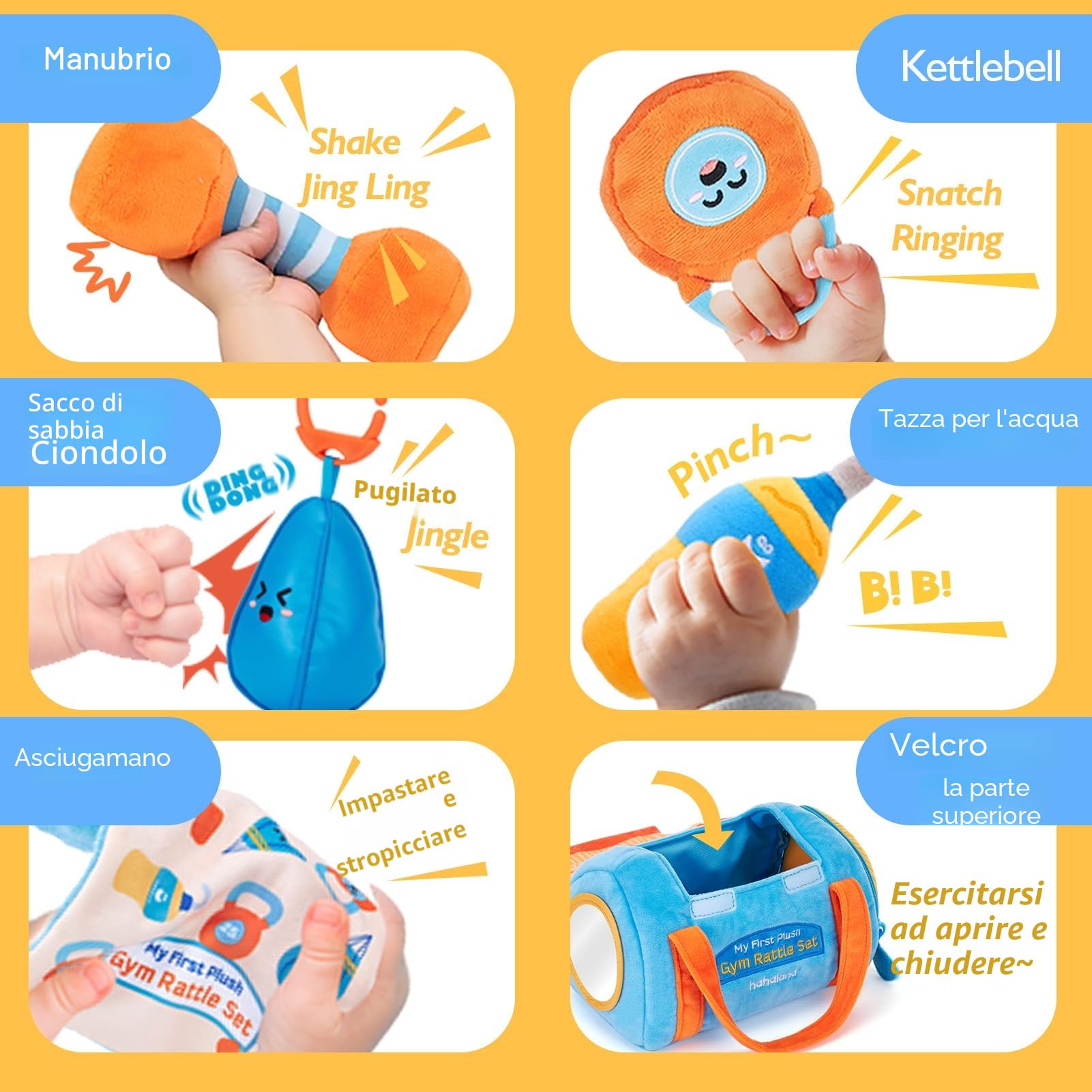 hahaland Giochi Montessori 6 Mesi, 6 PCS Set Peluche Fitness per Neonati con Sonagli e Specchio, Tummy Time Neonato Giochi Sensoriali per Neonati, 2025 Nuovo Design Set Regalo Neonato 3 6 9 12 Mesi