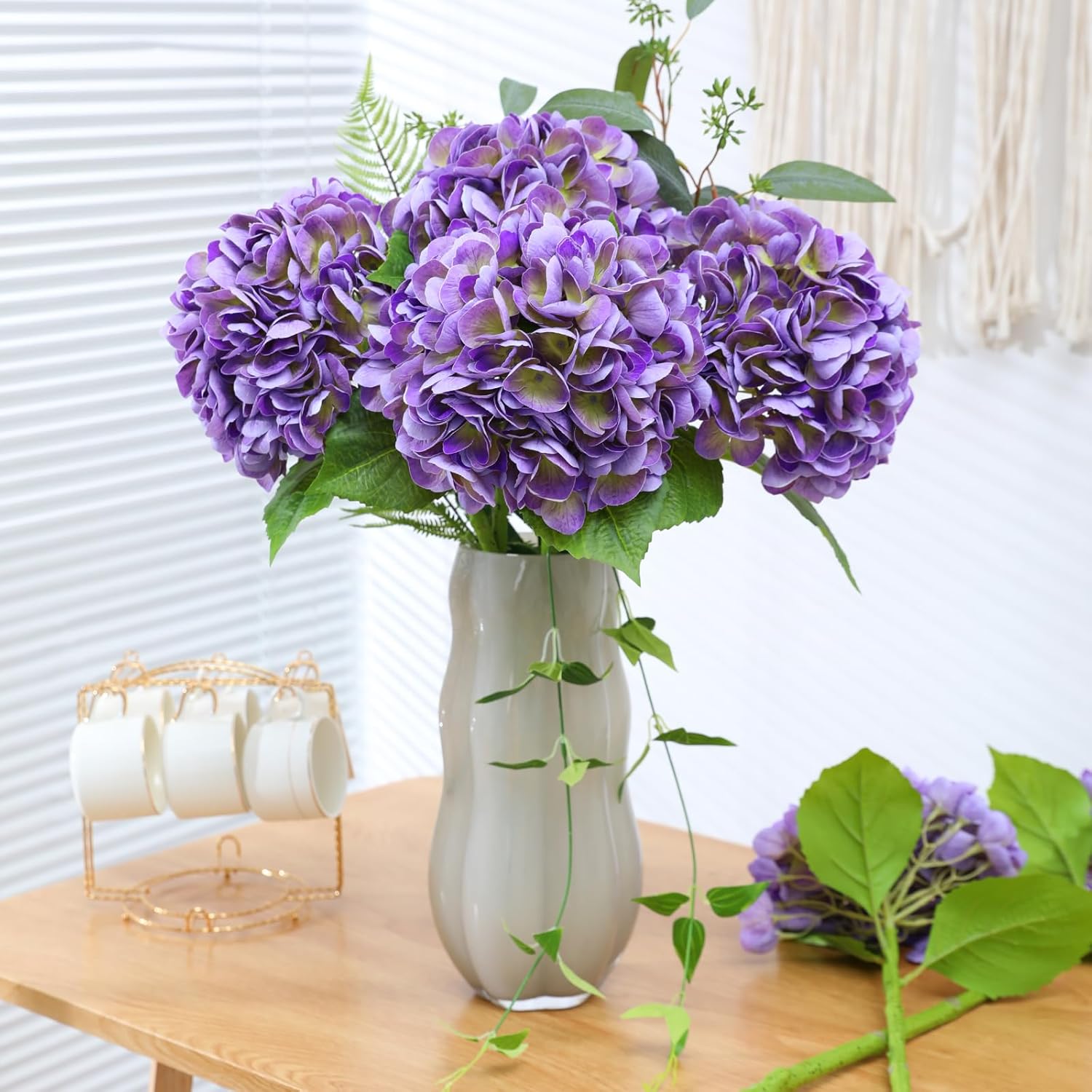 Nubry 4Pcs Purple Hydrangea Artificial Flowers, 22.5In Latex Faux Real Touch Large Hydrangea Flowers with Long Stems & Leaves for Home Office Decor Wedding Party Arrangements(Purple) - Image 3