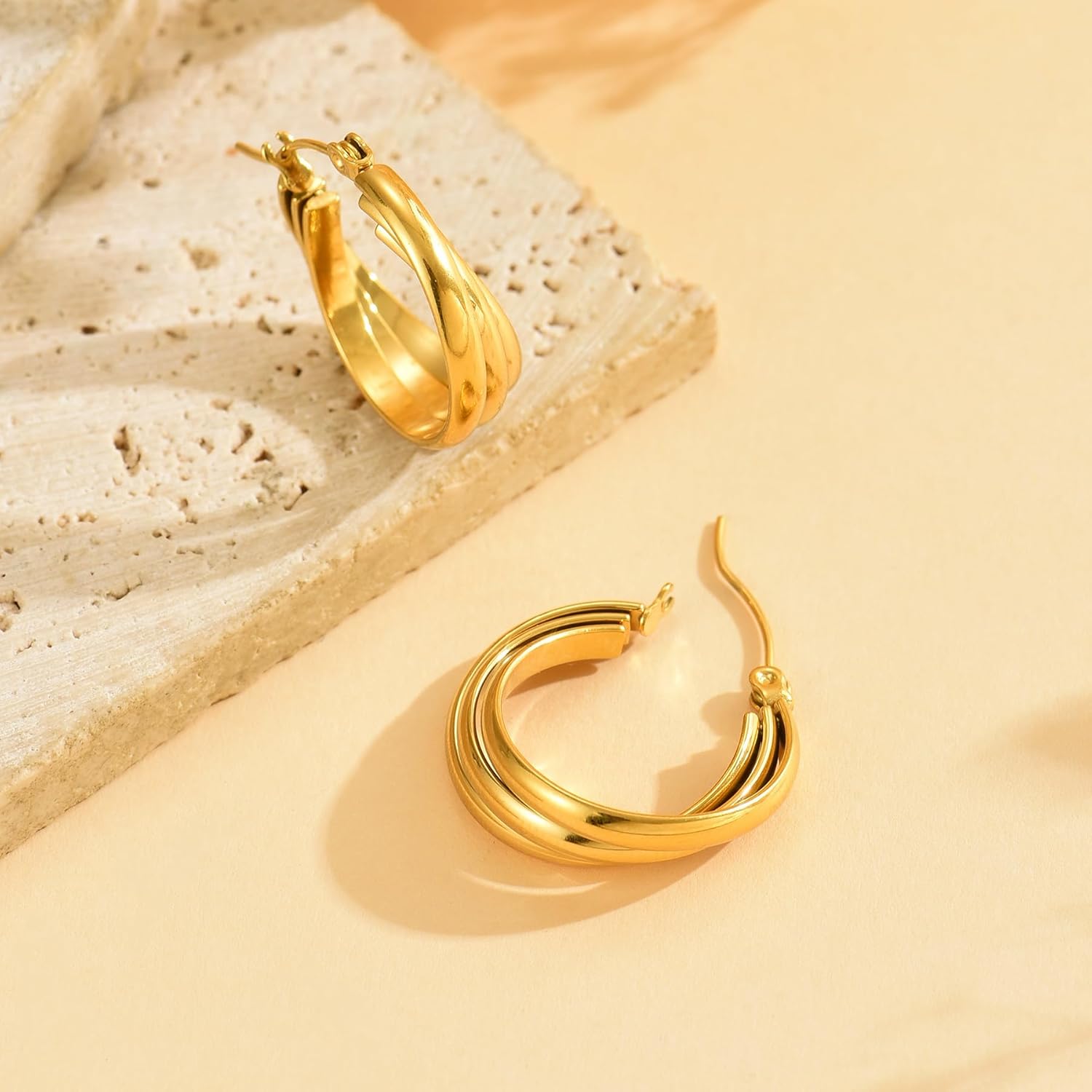 Gold Chunky Hoop Earrings for Women 18K Gold Plated Oval Hoop Earrings Trendy Lightweight Irregular Large Hoops Earring - Image 6