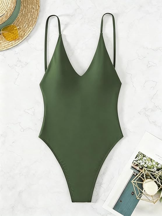 Sexy One Piece Swimsuit for Women Deep V Neck High Cut Thong Bottom Tie Back Bathing Suit