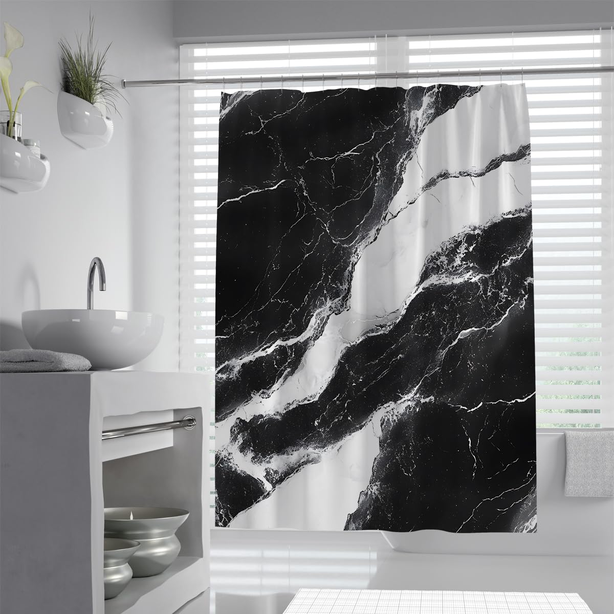 Luxus schwarzer Marmor-Duschvorhang Fluid White Ink Waves Muster Badezimmervorhänge mit C-förmigen Haken Waschbarer Polyesterstoff 180 x 220 cm