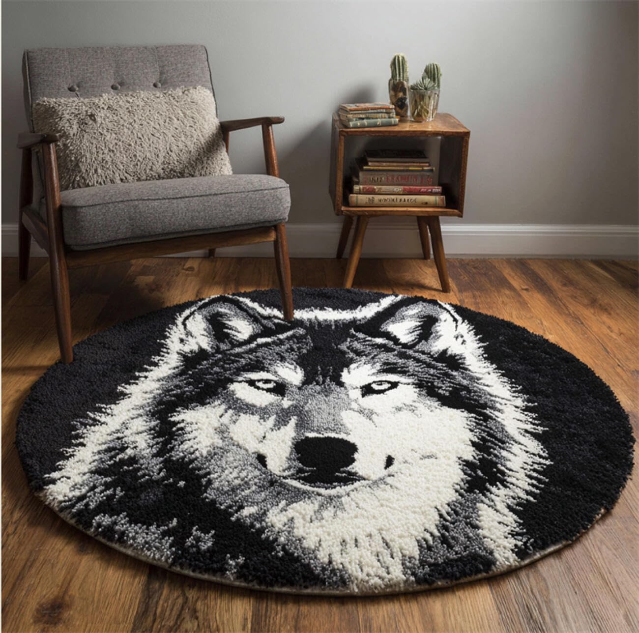 Kitquiver Animal Rug Making Kit for Adults Black and White Wolves DIY Rug Making Craft Kits with Yarn & Canvas and Crochet Needle Embroidery Decoration 80x80cm