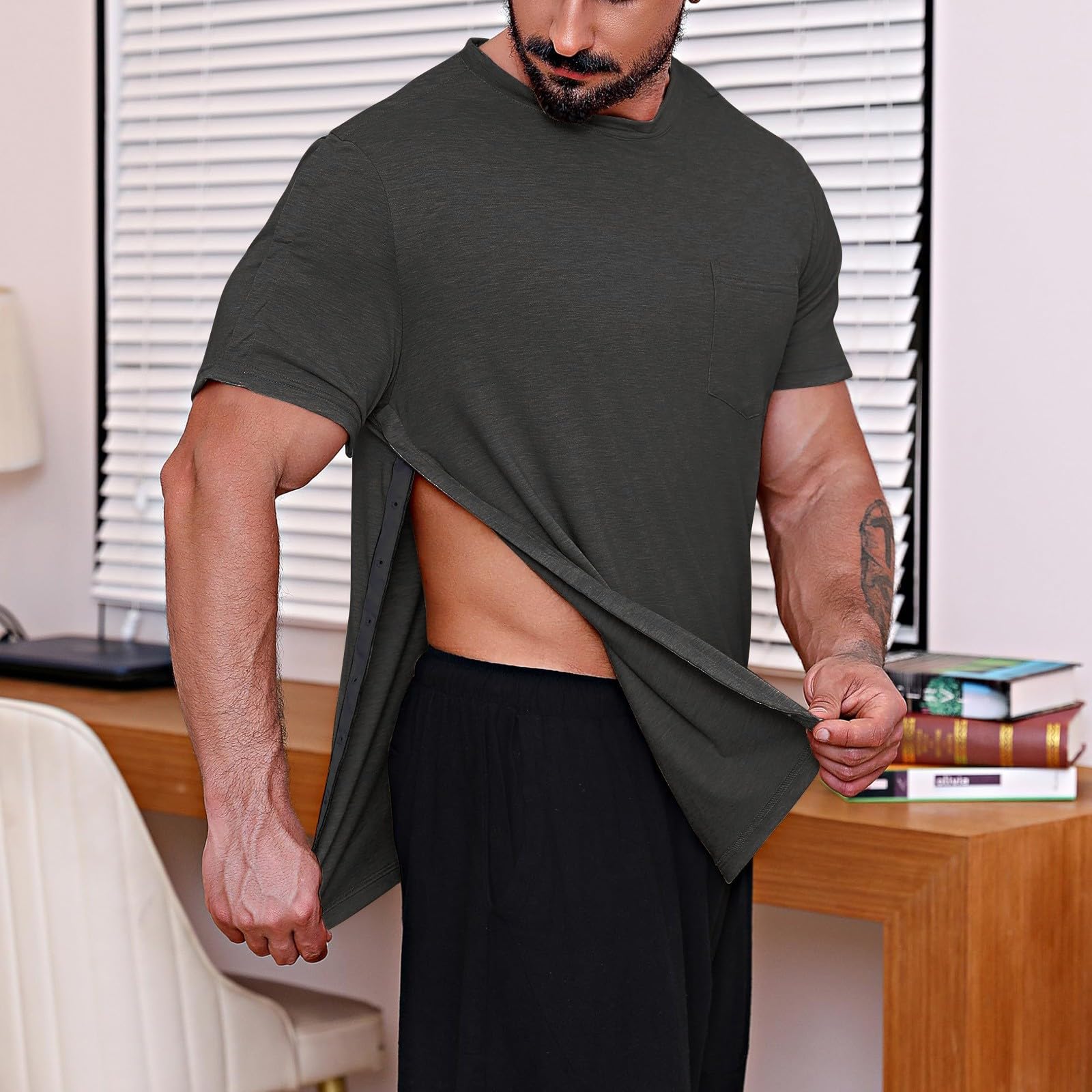 Herren Post Schulter Chirurgie Shirts Hemden Nach Schulteroperationen Genesung Abreißbar Kurzärmlig Vollständig Offene Seite Druckknopf Dialyse Chemo Kleidung Herren-Hemden Funktionsshirt