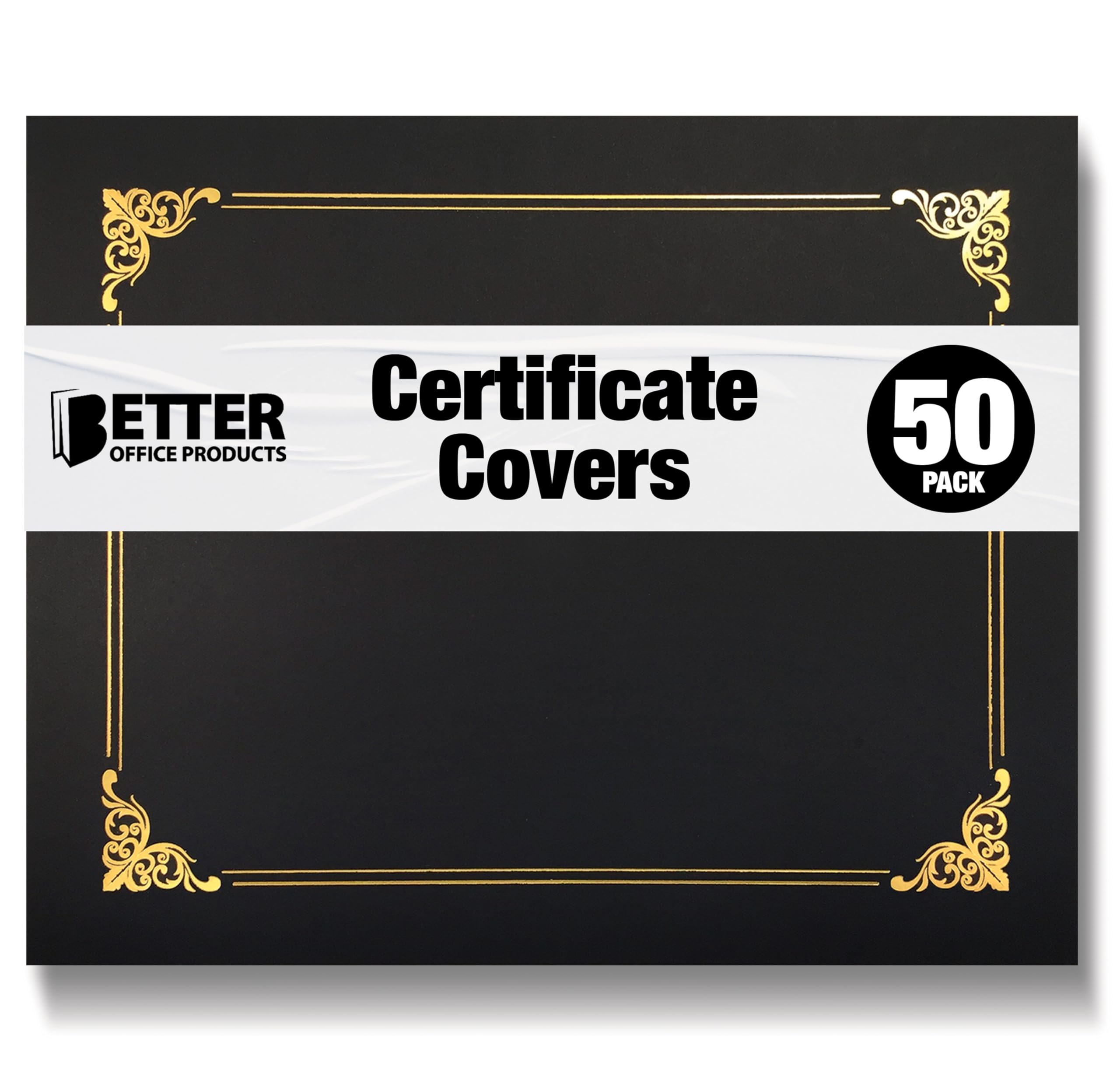 Better Office Products 50 sztuk uchwytów na certyfikaty, etui na dokumenty ze złotą folią, do papieru listowego, 50 szt. (czarne)