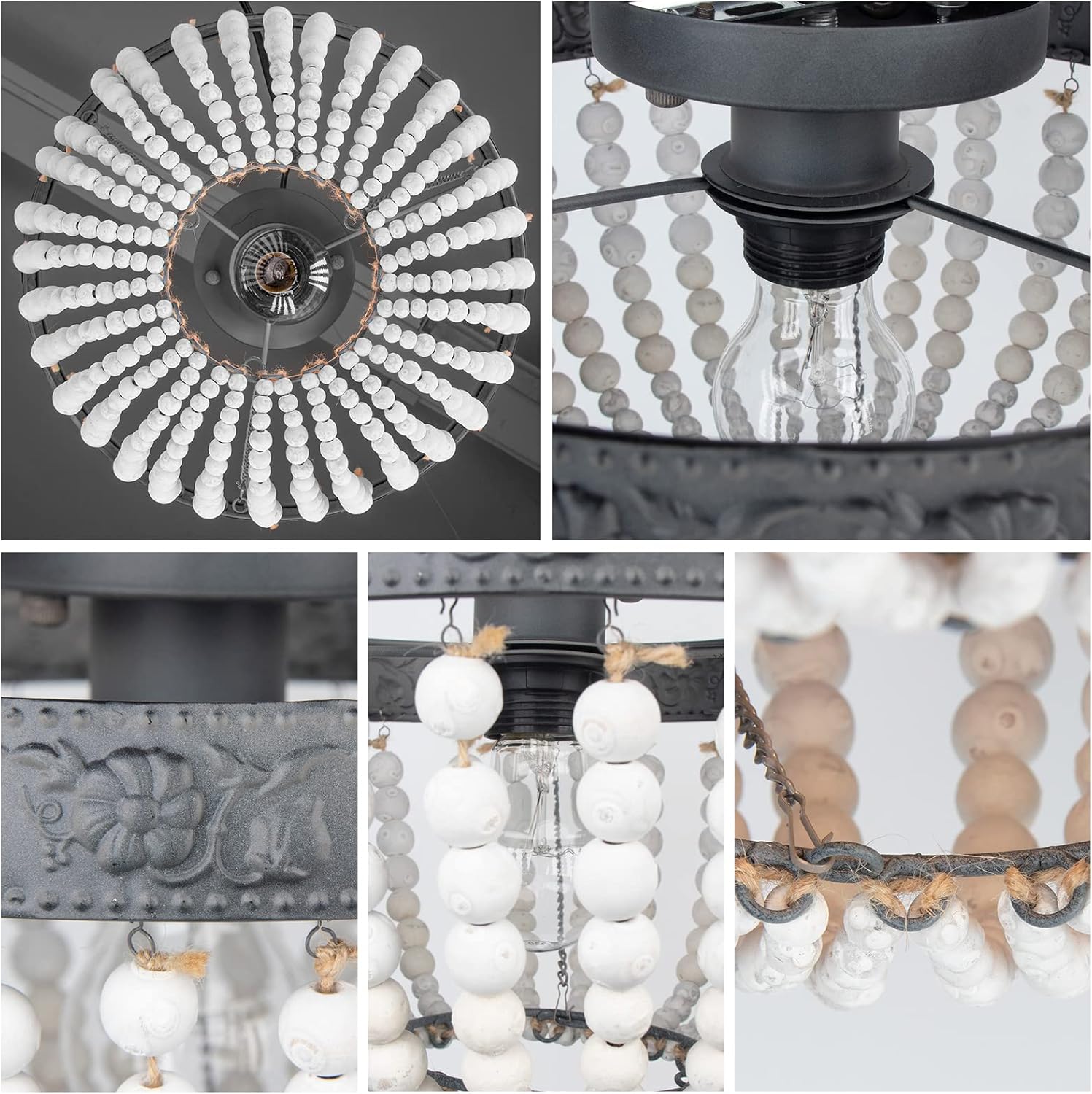 FIRVRE White Boho Beaded Chandeliers Flush Mount Ceiling Light Small Antique Farmhouse Chandelier Light Fixture for Bedroom Kitchen Dining Room Living Room Stairway Gazebo