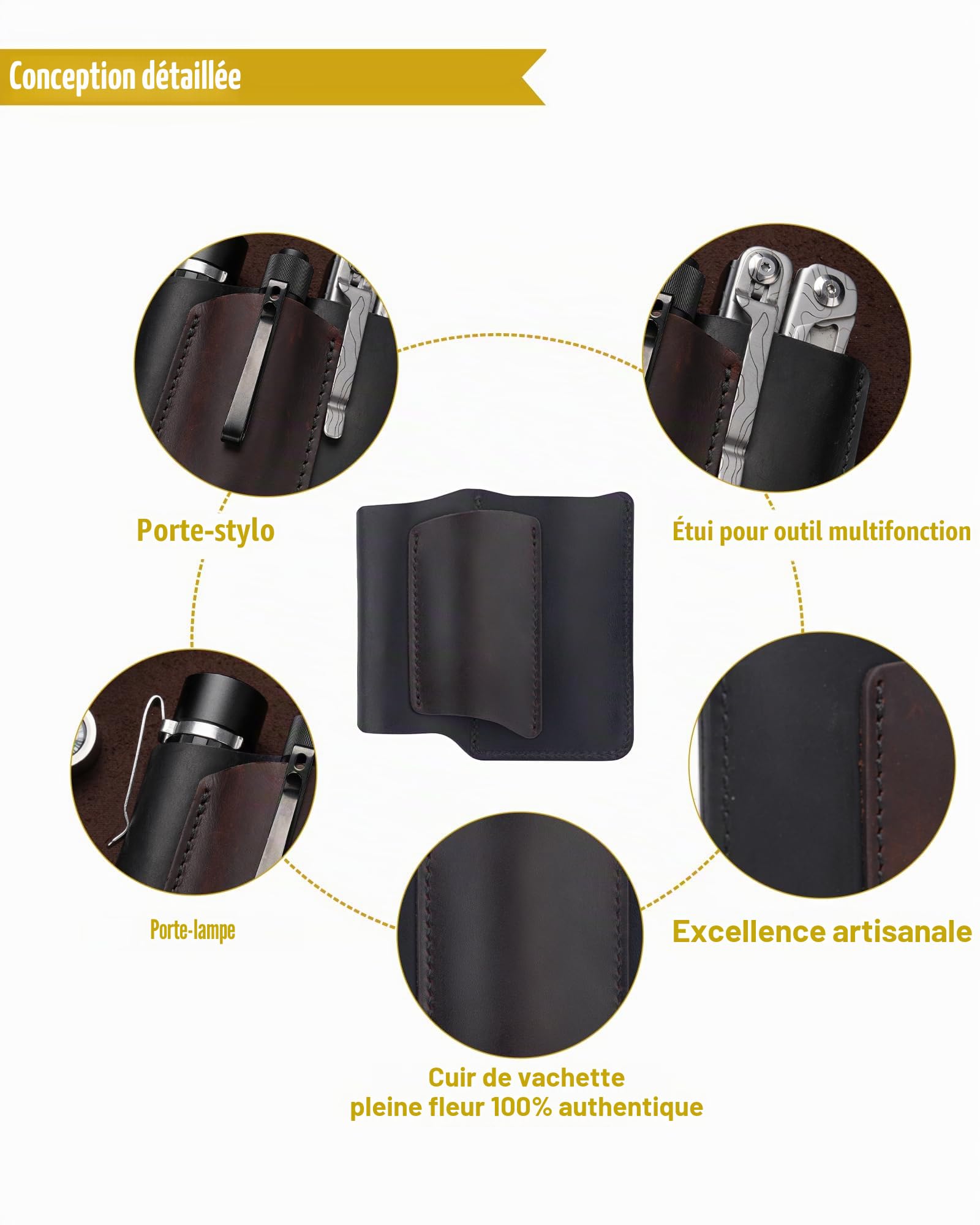 Étui EDC en Cuir VIPERAED PJ38, étui Multifonction en Cuir à 4 Poches, étui EDC Portable pour Homme, Lampe de Poche, Stylo, Couteau de Poche Pliable, Outil Multifonction