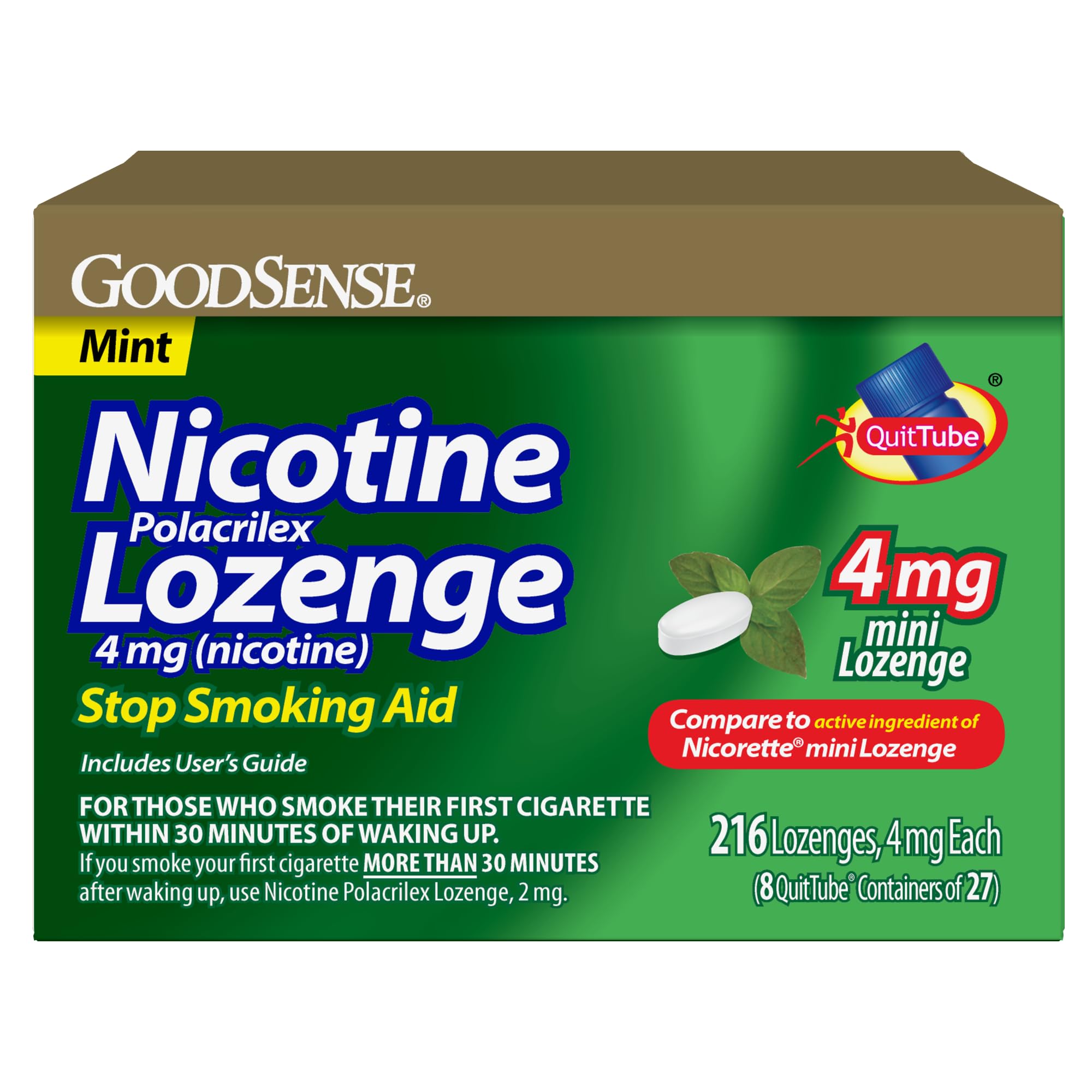 Mini Nicotine Polacrilex Lozenge, 4 mg (Nicotine), Mint Flavor, Stop Smoking Aid, 216 Count