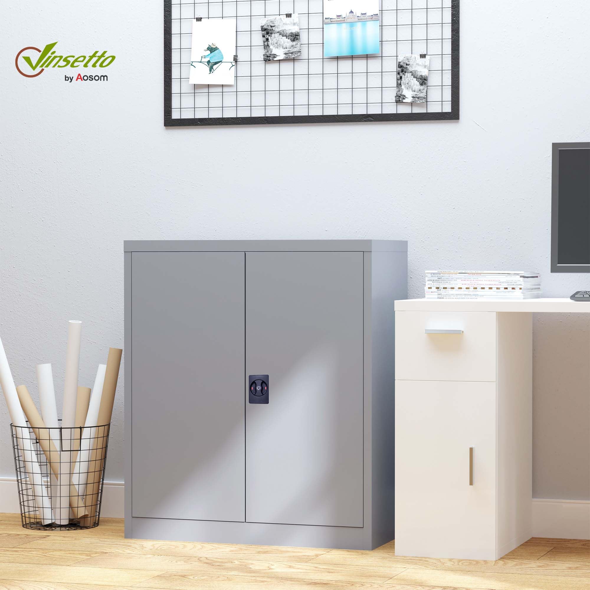Vinsetto Armario Archivador Metálico con 2 Puertas y Cerradura, Archivador de Oficina con Estante Regulable, Armario Metálico para Estudio y Sala de Estar, 80x40x92,5 cm Gris