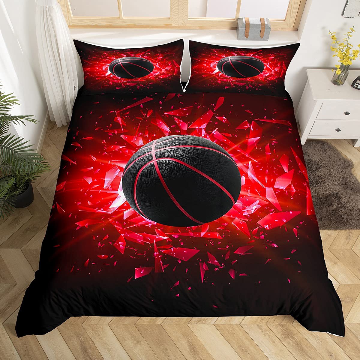 Set di biancheria da letto con copripiumino 3D a tema pallacanestro, per bambini e ragazzi, per letto singolo, motivo hobby competitivo, morbido, decorativo, per camera da letto di ragazzi
