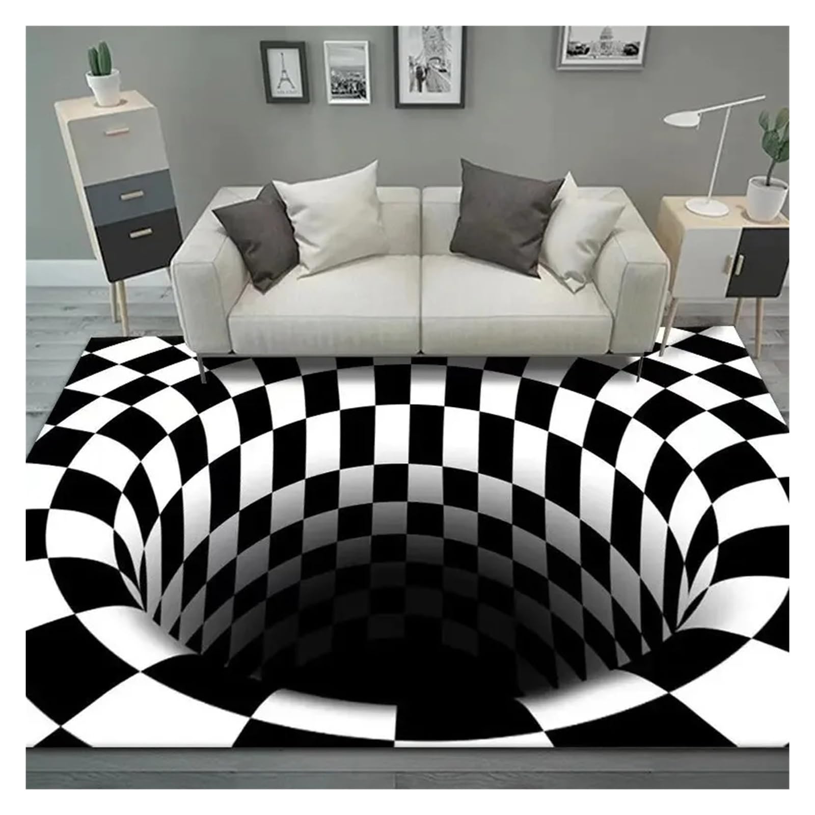 Tapis de grande taille illusion d'optique noir et blanc abstrait géométrique 80x120