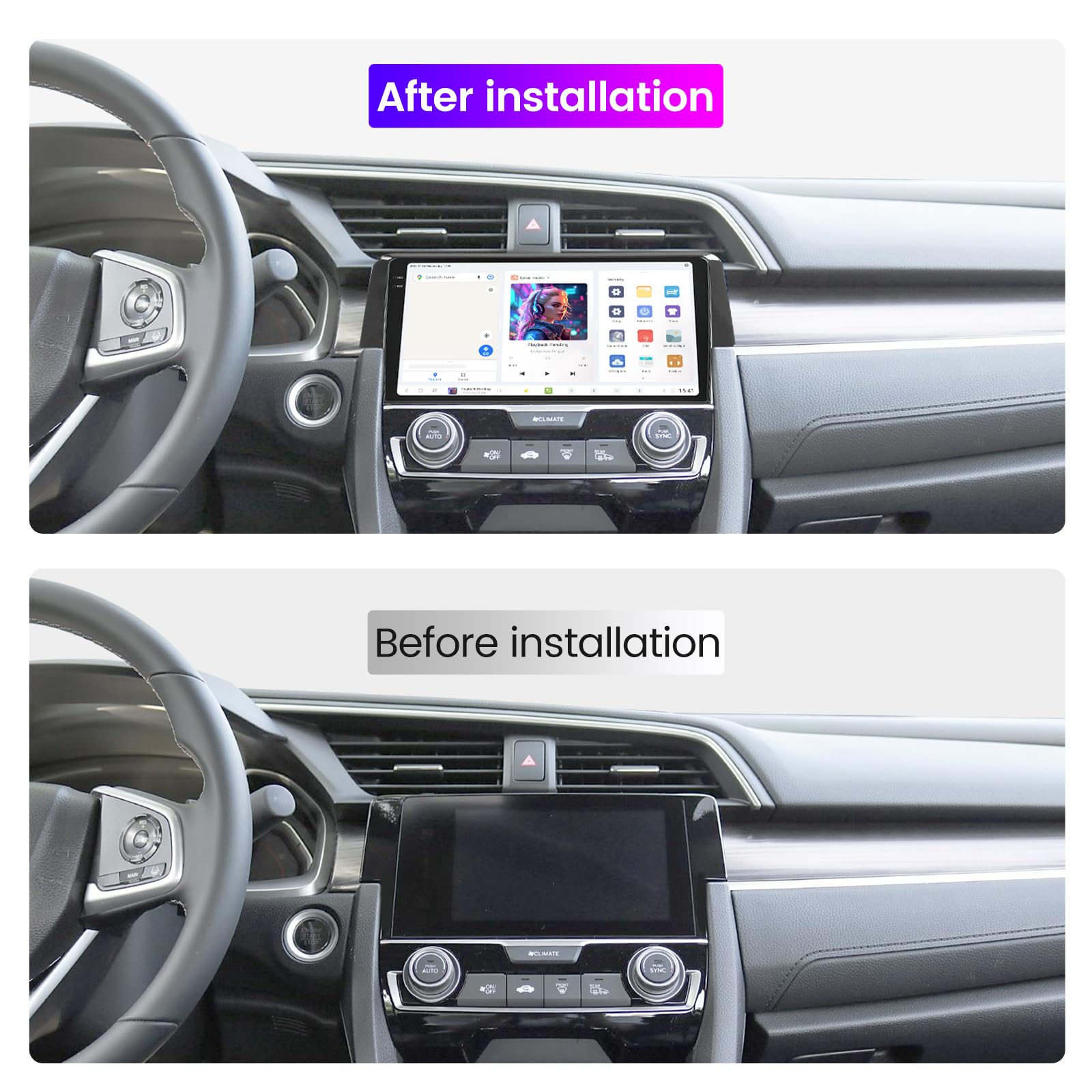 DUDUAUTO Car Radio Stereo for Honda Civic 2016 2017 2018 2019 2020 2021-4GB RAM 64GB ROM, Biorunn Android DUDU4 9.5 Inch in-Cell Screen GPS Navi Car-Play Android Auto Touch Screen Head Unit