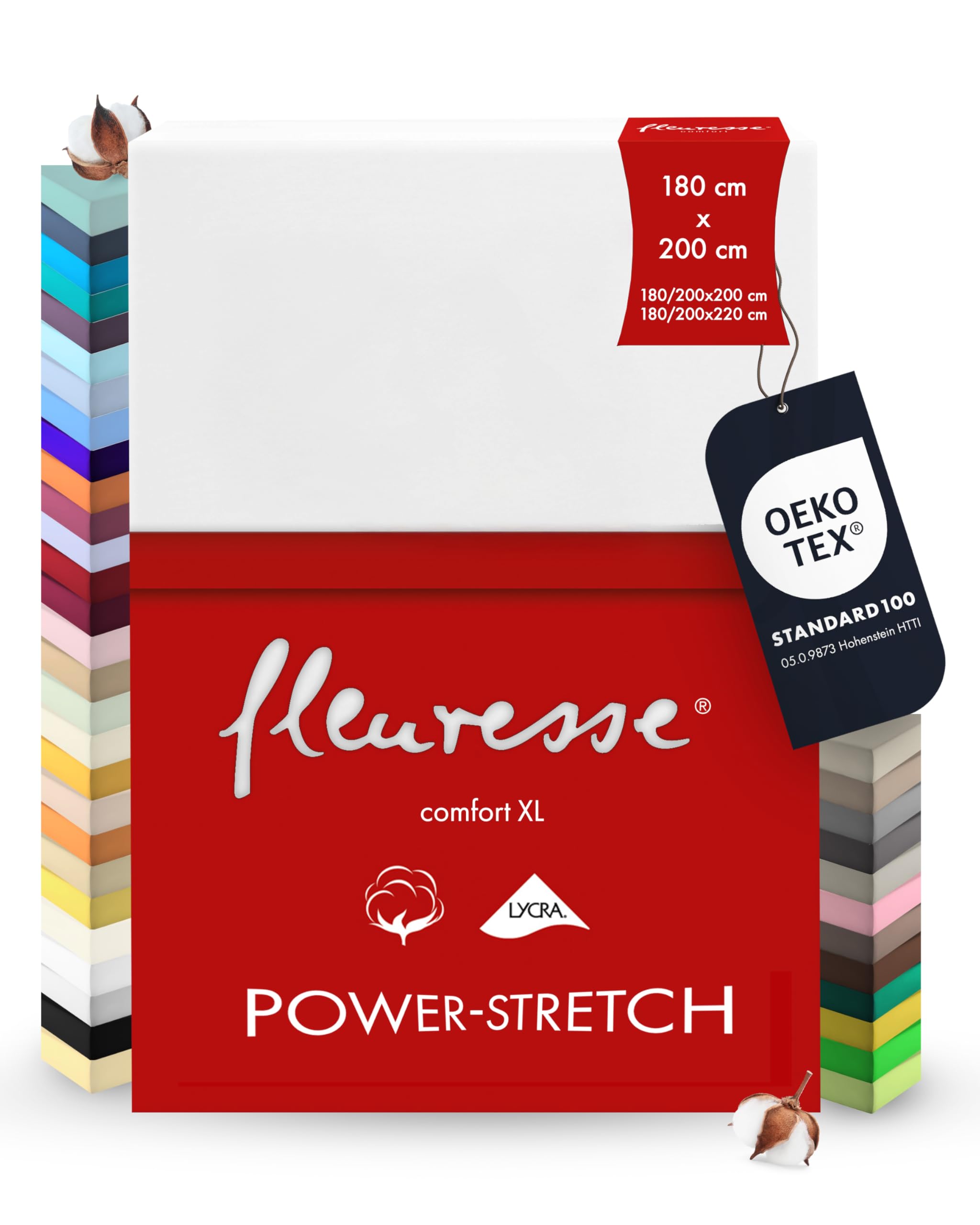 fleuresse 1119 XXL Jersey Stretch Spannbetttuch (96% Baumwolle, 4% Elasthan), mit Rumdumgummizug, Ökotex 100, für Matratzen bis 40 cm Höhe, 180 x 200-200 x 220 cm, weiß