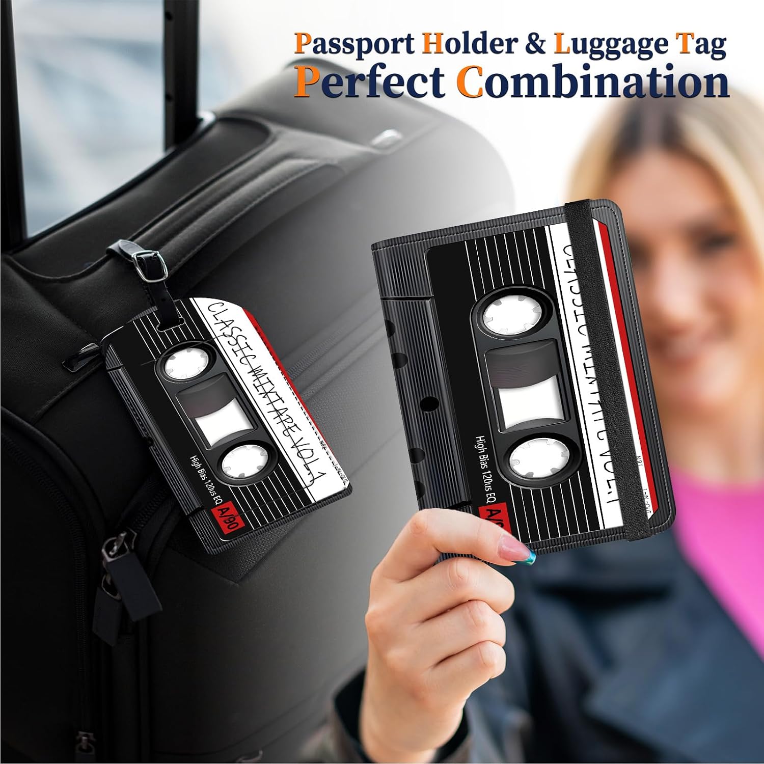 Passport Holder for Travel with Luggage Tag,RFID Blocking,3.4 * 4.7 inches,Credit Card Slots and Air Ticket Pocket,Travel Essentials for Women and Men,Cassette Tape image 5