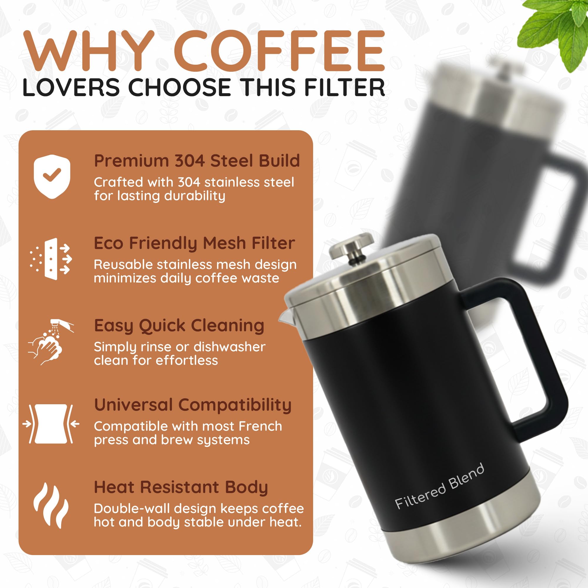 Filtered Blend 1.6L French Press Coffee Maker (Black) thumbnail 2