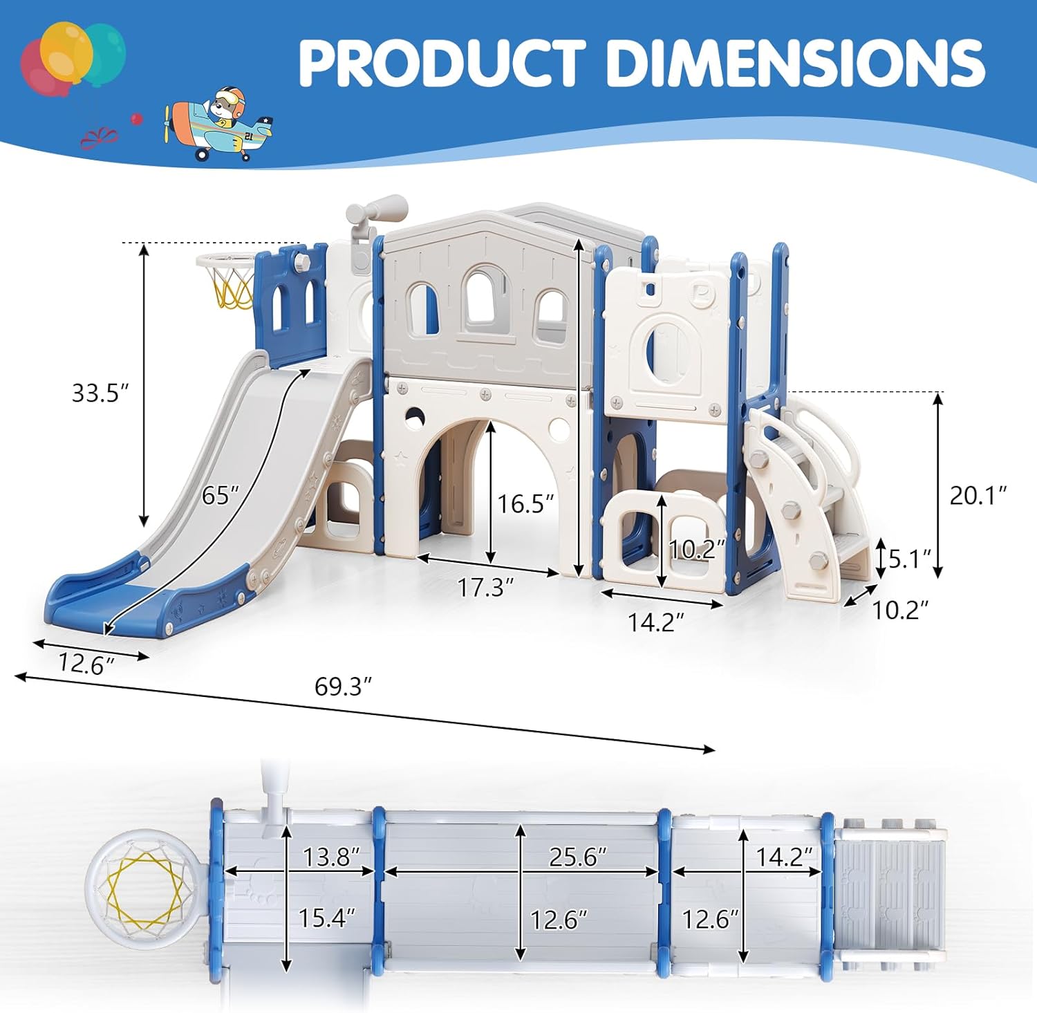 8 in 1 Toddler Slide Set, Kid Slide with Basketball Hoop Telescope and Climber, Indoor Outdoor Playset, Toddler Playground for Age 1-3, Blue & Gray