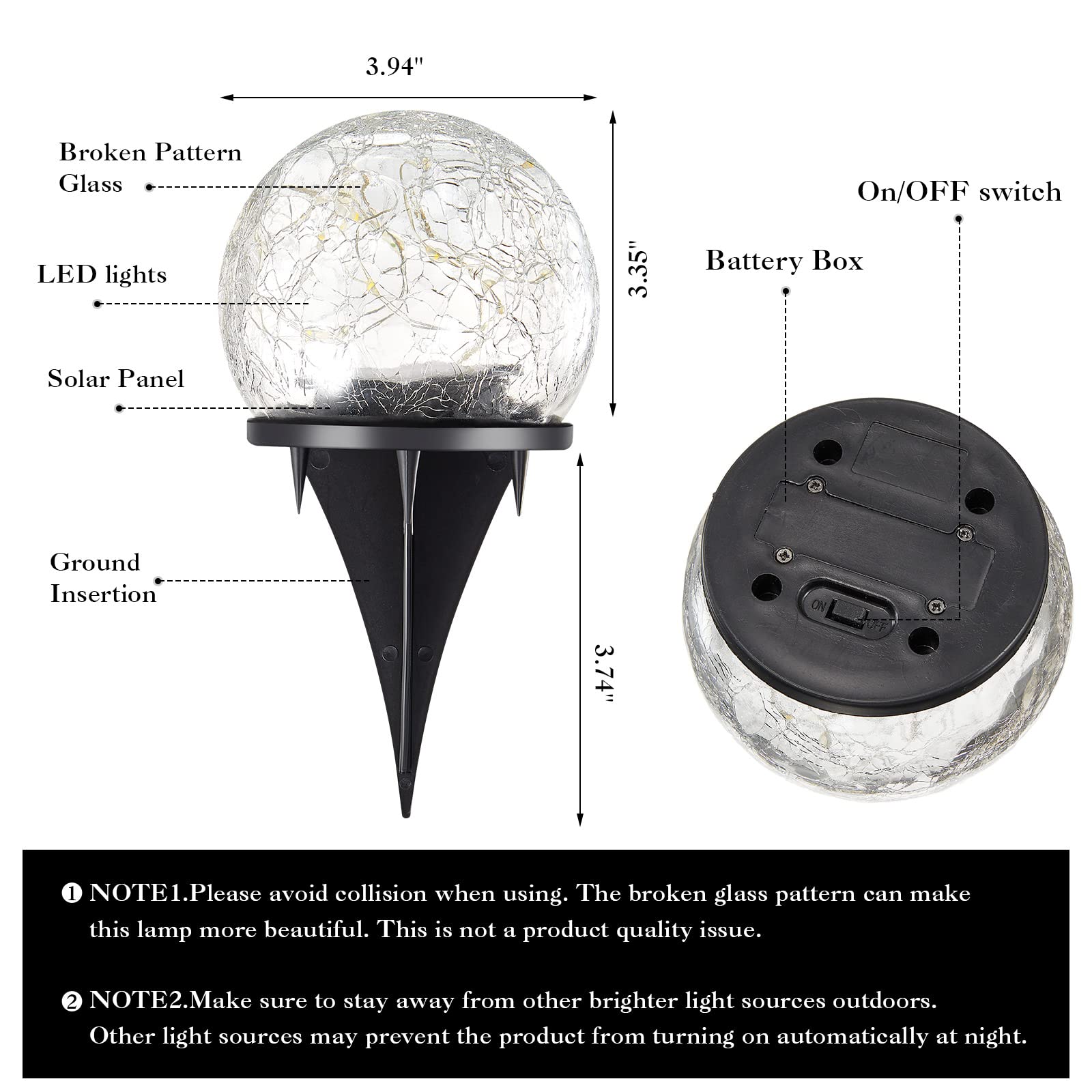 Luci solari da giardino a sfera in vetro incrinato, luci decorative a globo solari per esterni, luci a LED impermeabili per patio, vialetti, vialetti, giardini, cortili, decorazioni (8 pezzi, 9,9 cm)