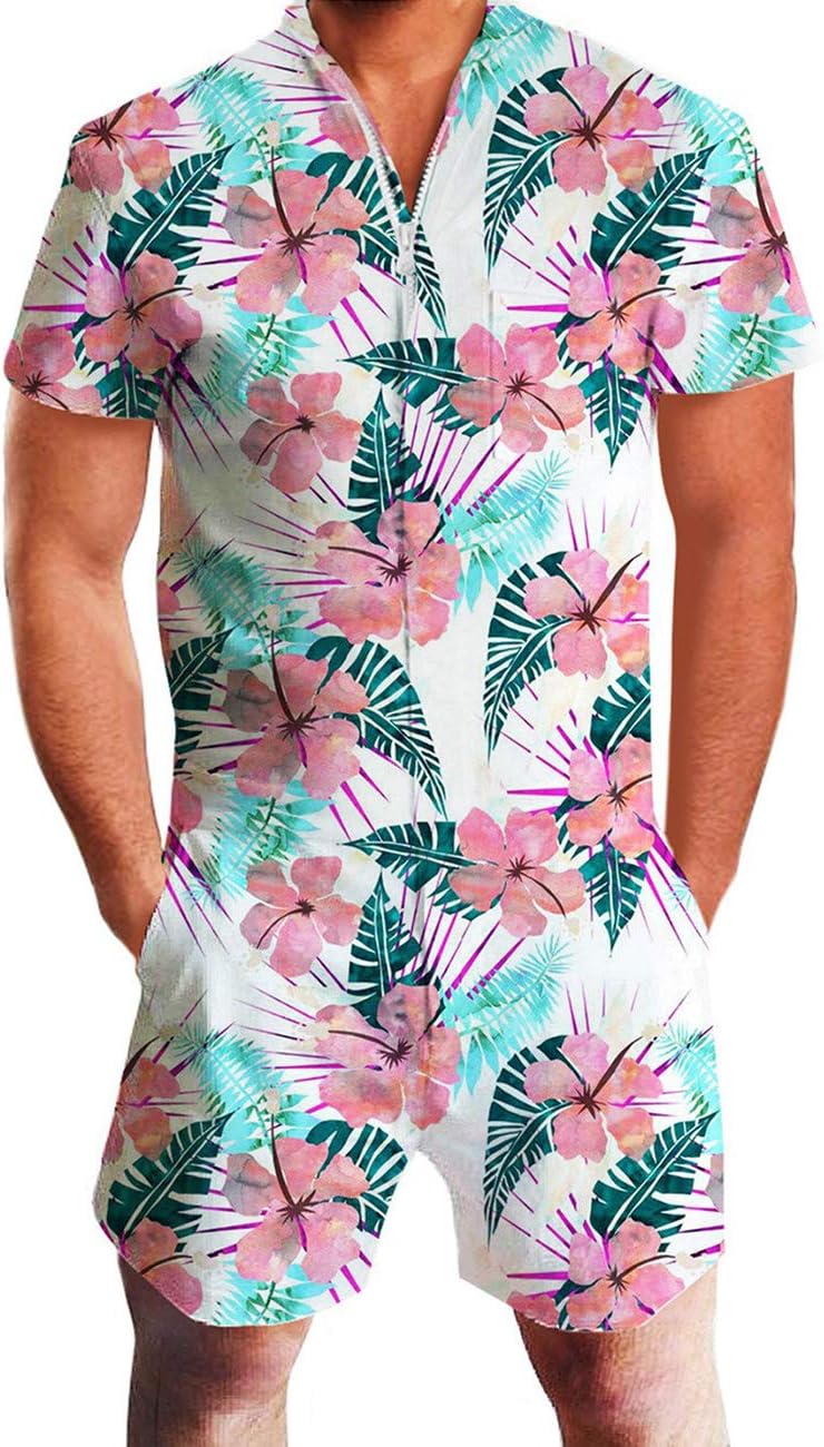 IdgreatimMen 3d Graphic One Piece Romper Casual Zipper Short Sleeve Jumpsuit Overalls