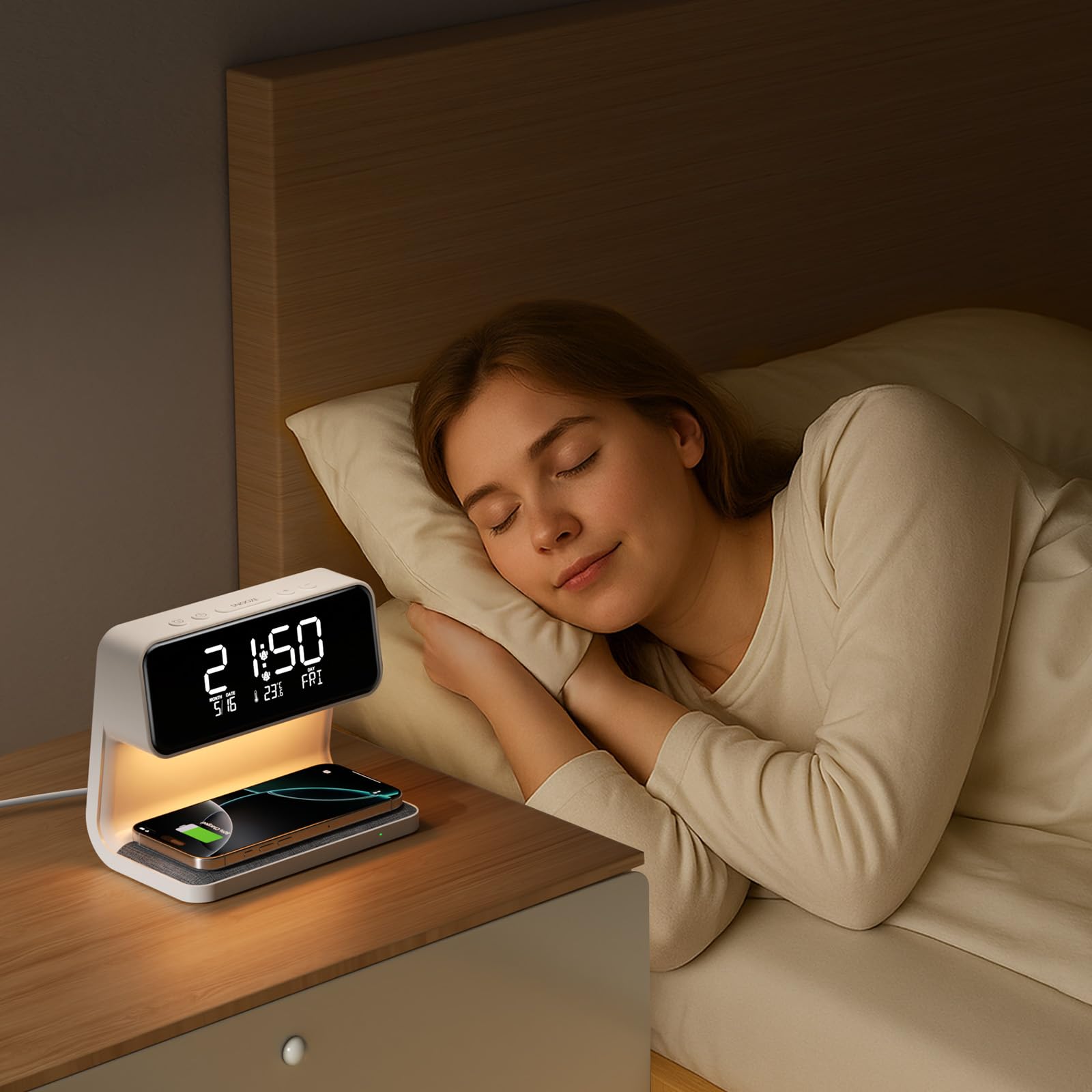 Despertador Digital, Reloj Despertador con Cargador Inalámbrico 15W, LED Pantalla Temperatura/Fecha/2 Alarmas/Snooze Ajustable/12/24H, Despertador Luz con Control Táctil para Infantil Adultos