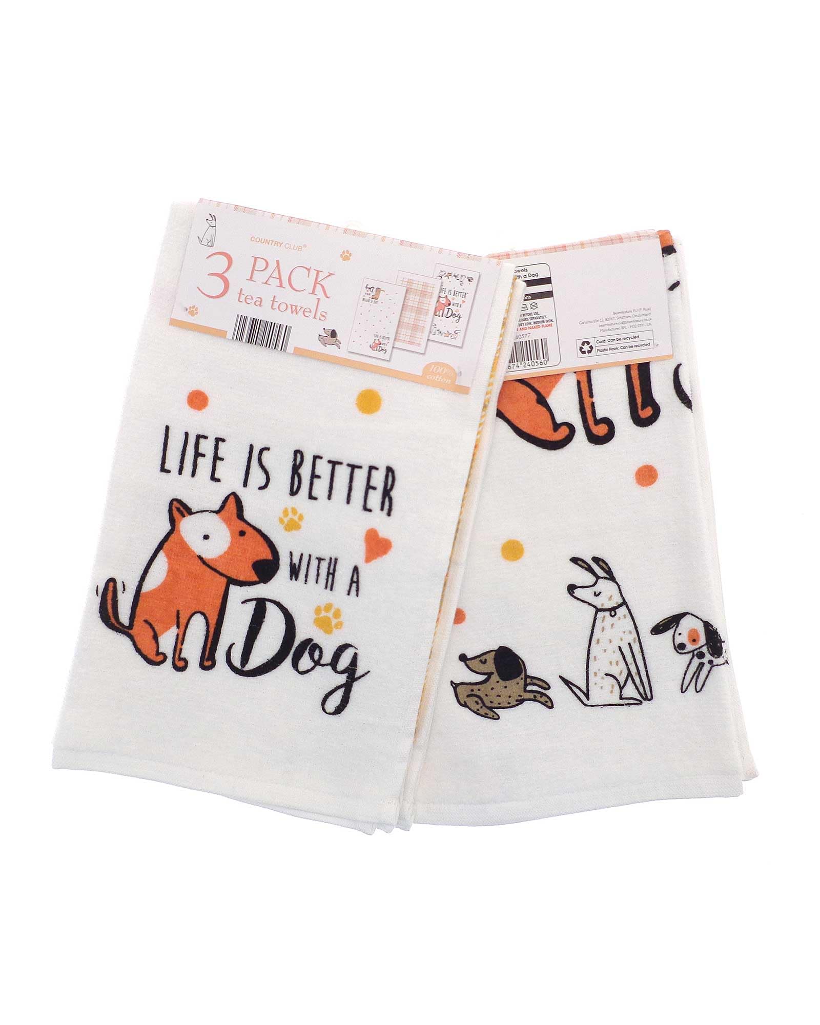 Country Club White 100% Cotton Pack Of 3 Life Is Better With A Dog Design Velour Kitchen Tea Towels