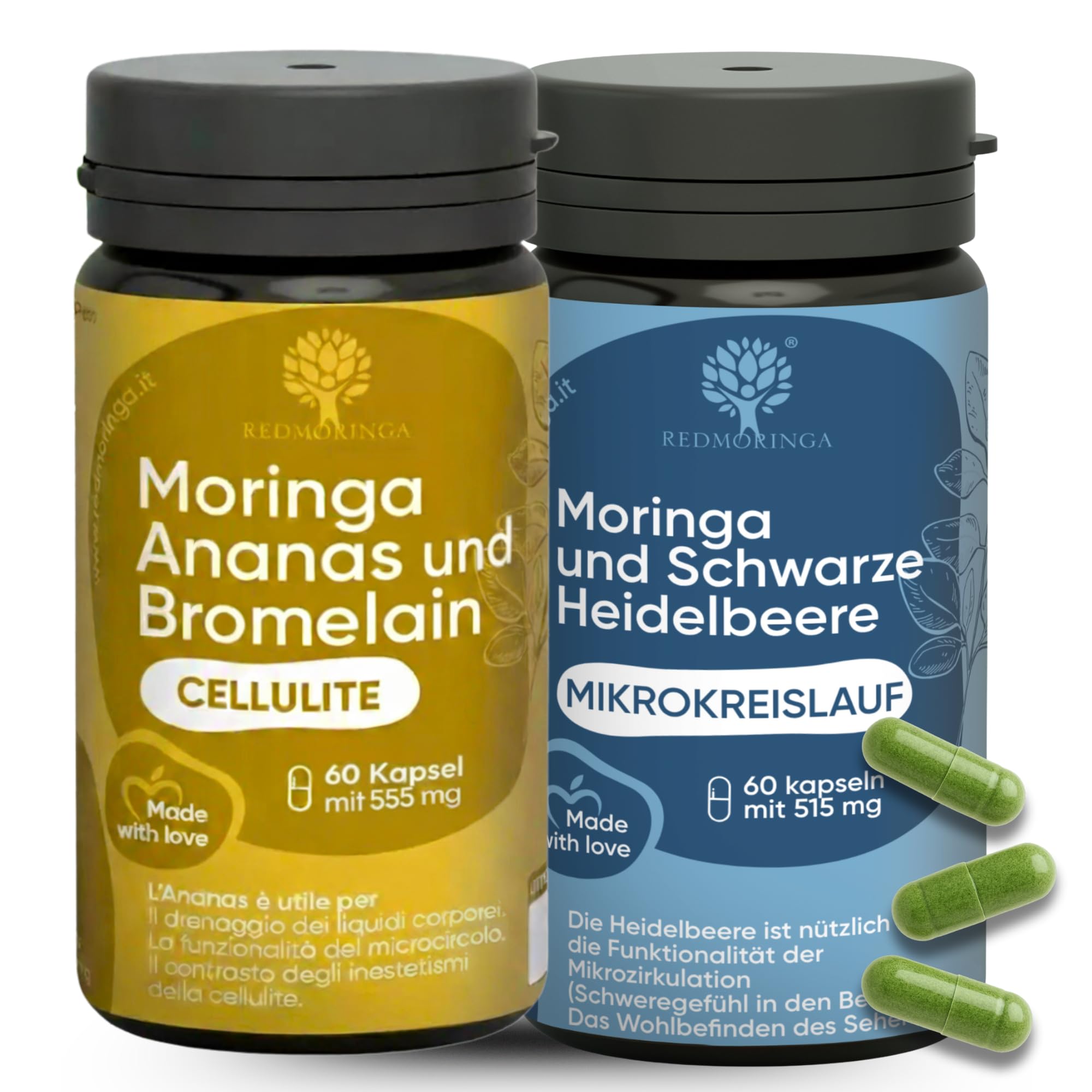 RedMoringa Anti-Cellulite Bromelain Hochdosiert Kapseln 5000 GDU mit Ananas Enzym & Venen Kapseln für Leichte Beine mit Hedelbeerextrakt & Bio Moringa - 120 Tage Vorrat