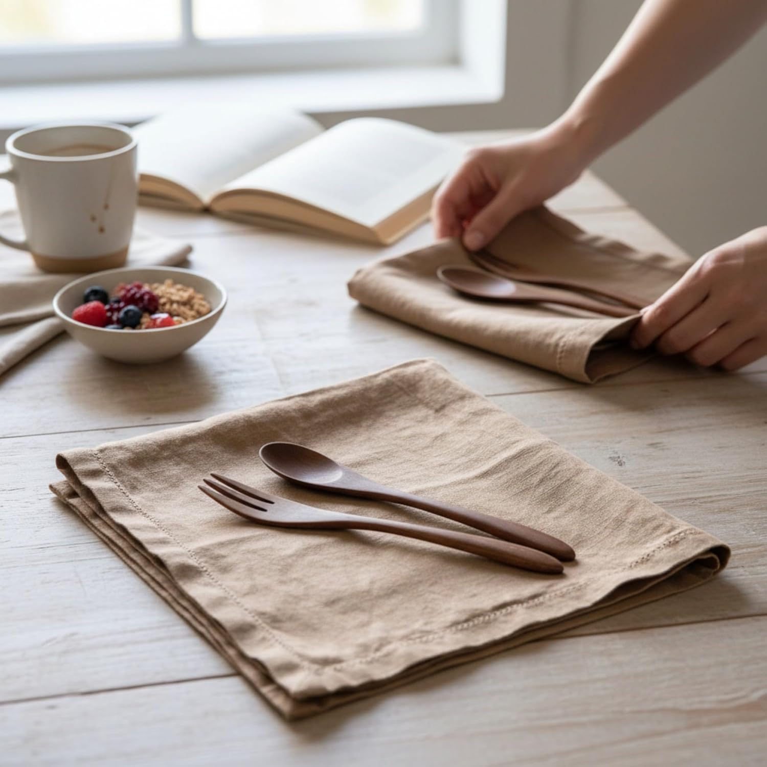 Hemstitched Linen Napkins – 20 Inch x 20 Inch – Stonewashed Pure Linen Cloth Dinner Napkins with Mitered Corners - 100% French Flax – Machine Washable - Set of 4 (Caramel)