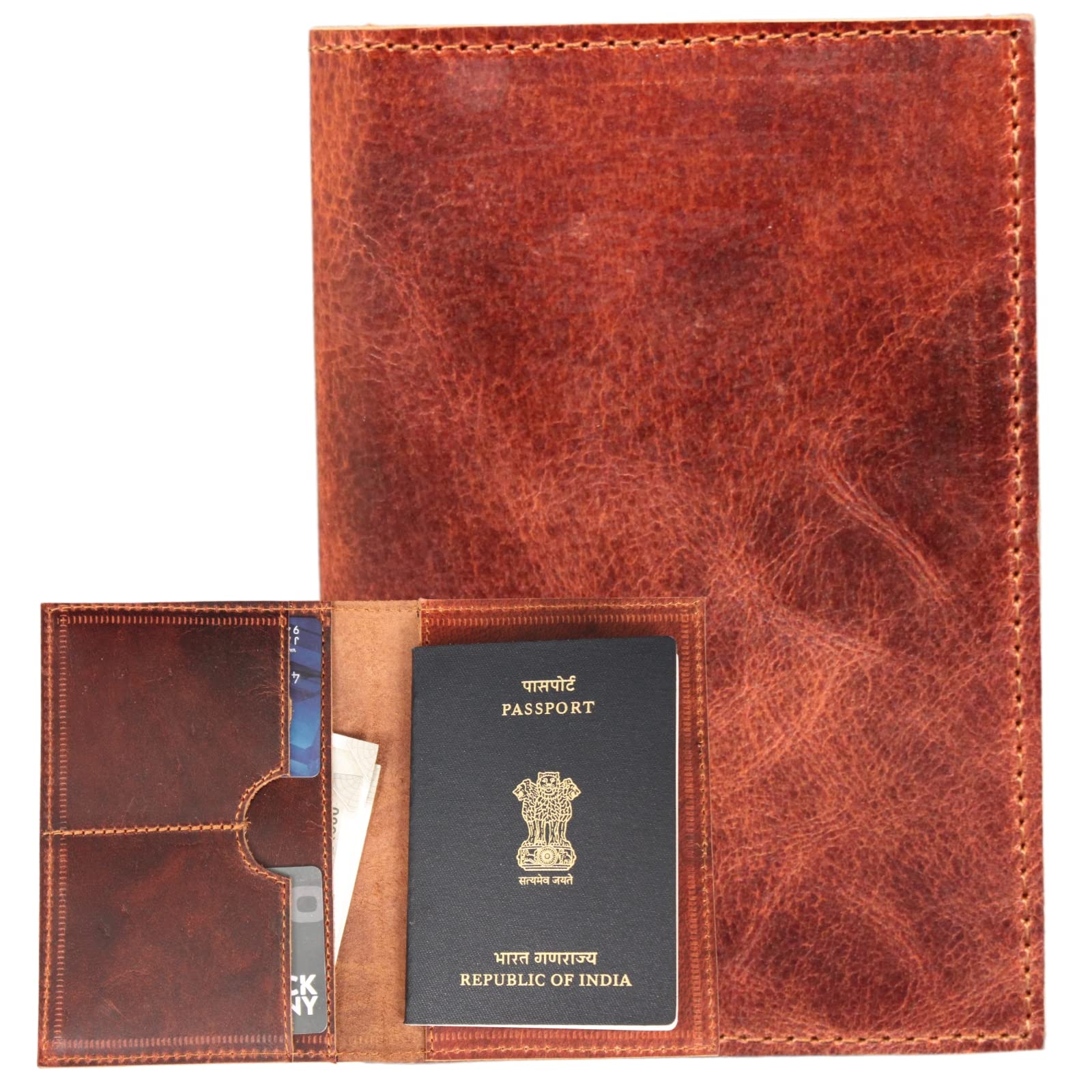 Madosh, Porta Pasaporte de Cuero, Estuche para Tarjetas con Bloqueo RFID, Cartera de Viaje, Funda para Pasaporte Plegable Delgada marrón